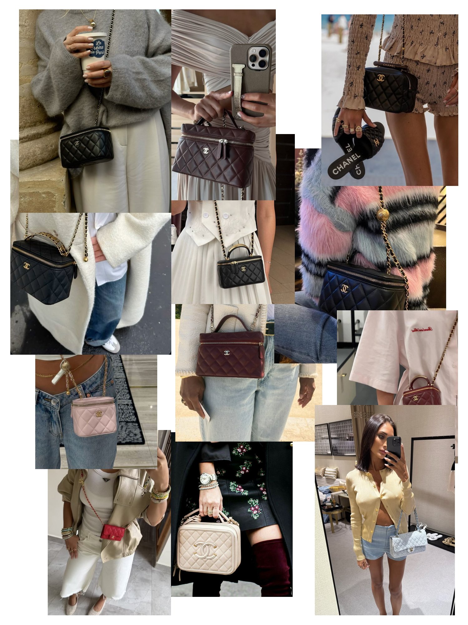Street-style collage of 12 outfit photos featuring chanel vanity bag, scattered and overlapping