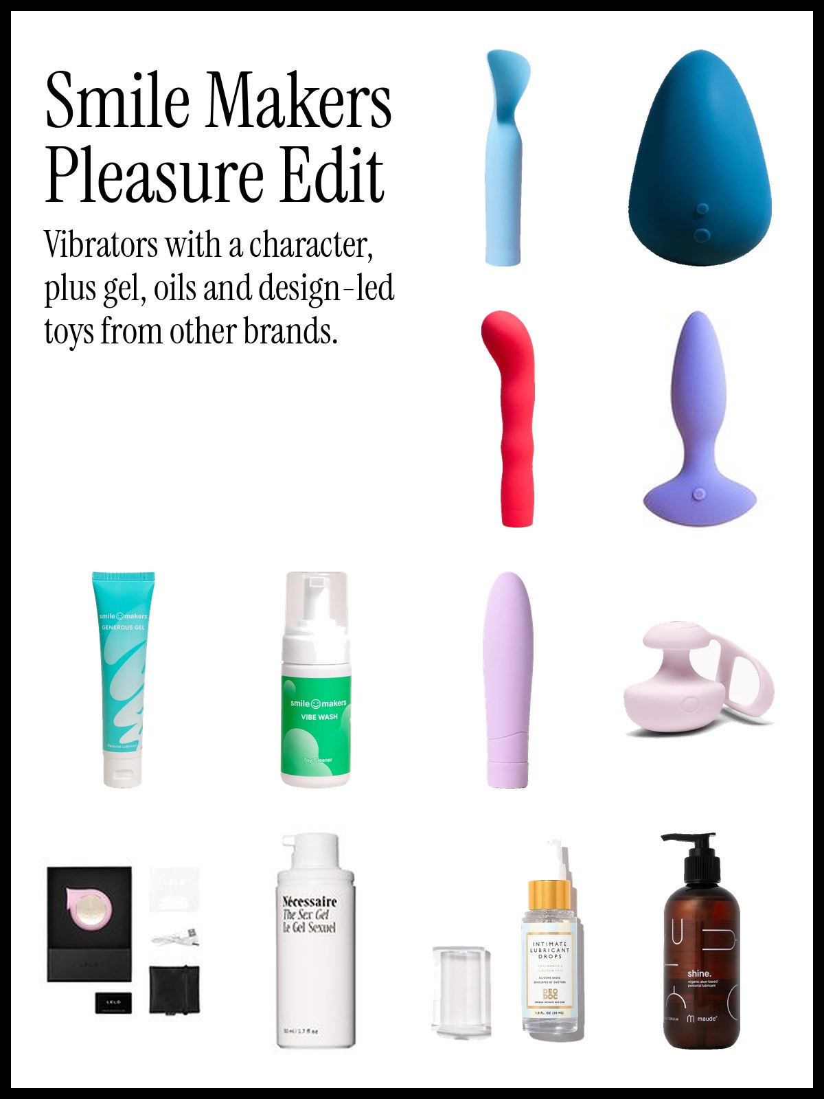 Collage of Smile Makers vibrators including The French Lover, The Ballerina and The Romantic, with Generous Gel, Vibe Wash and Dame and Lelo vibrators
