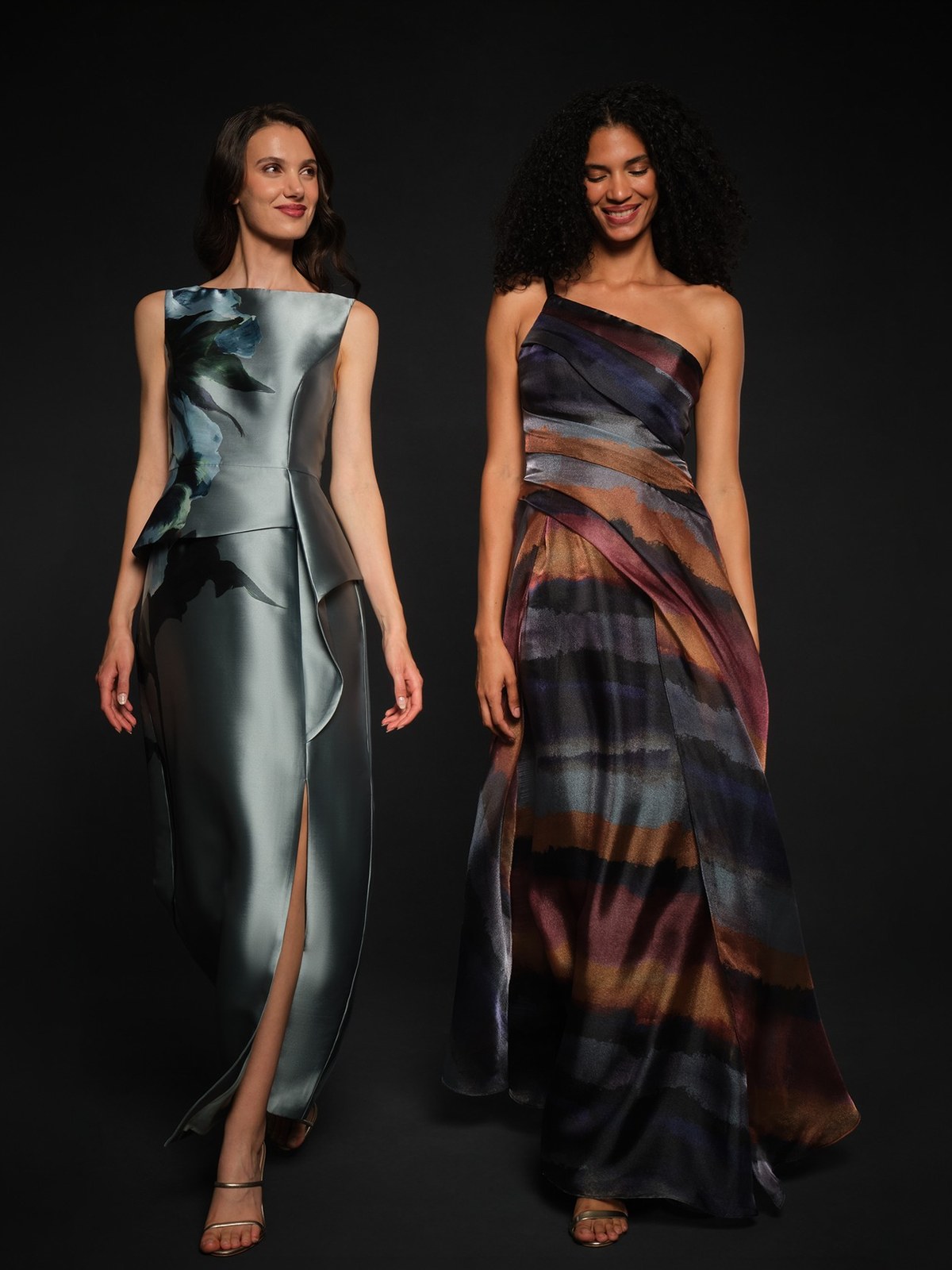 Model in a sage satin peplum gown