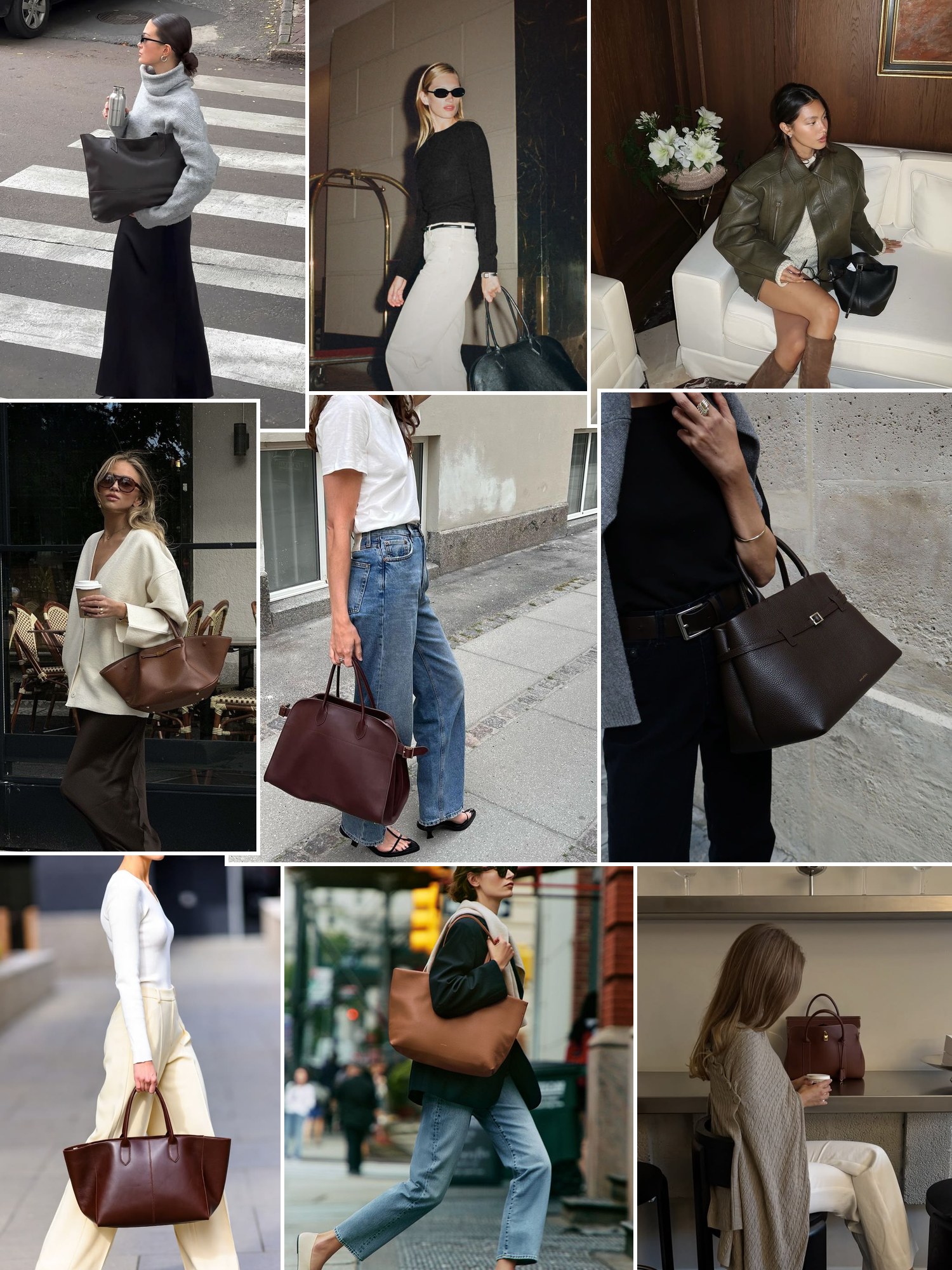 Collage of soft leather top-handle totes and similar looks