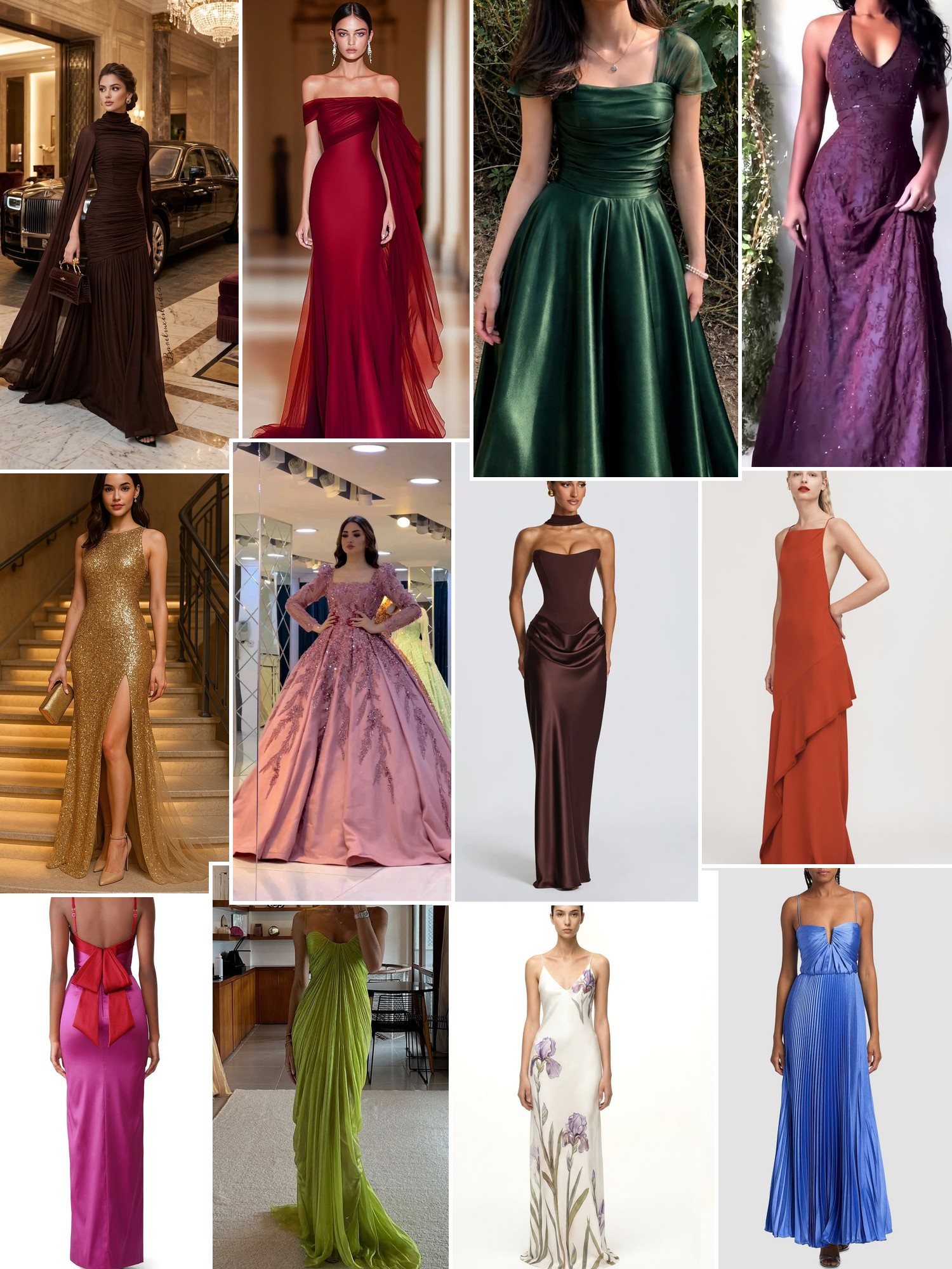 Collage of jewel toned evening gowns in satin, lace and sequins across hotel, garden and studio settings