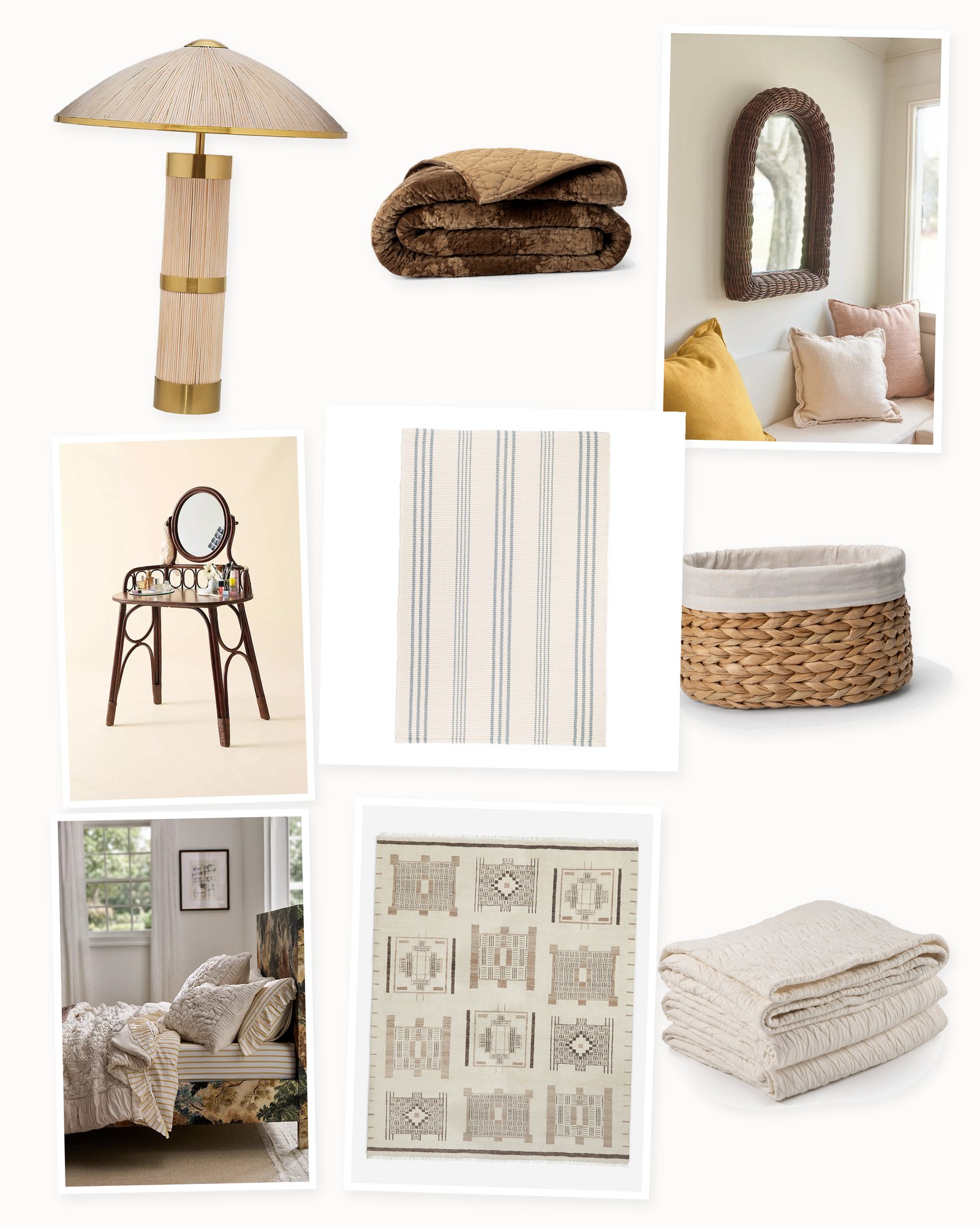 Collage on an off-white background showing Giorgio Velvet Floral Quilt, Evelyn Oval Seagrass Basket with Liner, Seychelles Bleached Rattan Table Lamp, Shores Gauze Quilt in Dove White, Kingston Rattan Wall Mirror, Karcal Hand-Knotted Wool Rug, Dahlia 100% Cotton Jersey Floral Quilt, Caroline Rattan Mirror Vanity and Swedish Stripe Handwoven Cotton Rug in Blue.