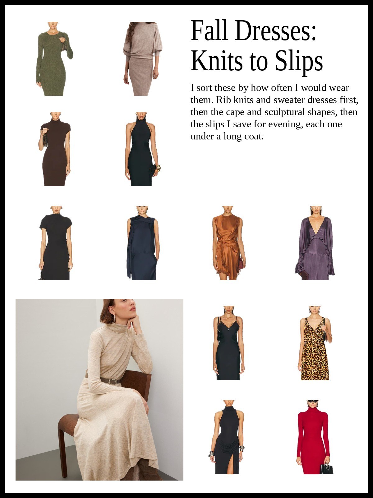 Fall dresses collage: knits, cape and sculptural shapes, then slips