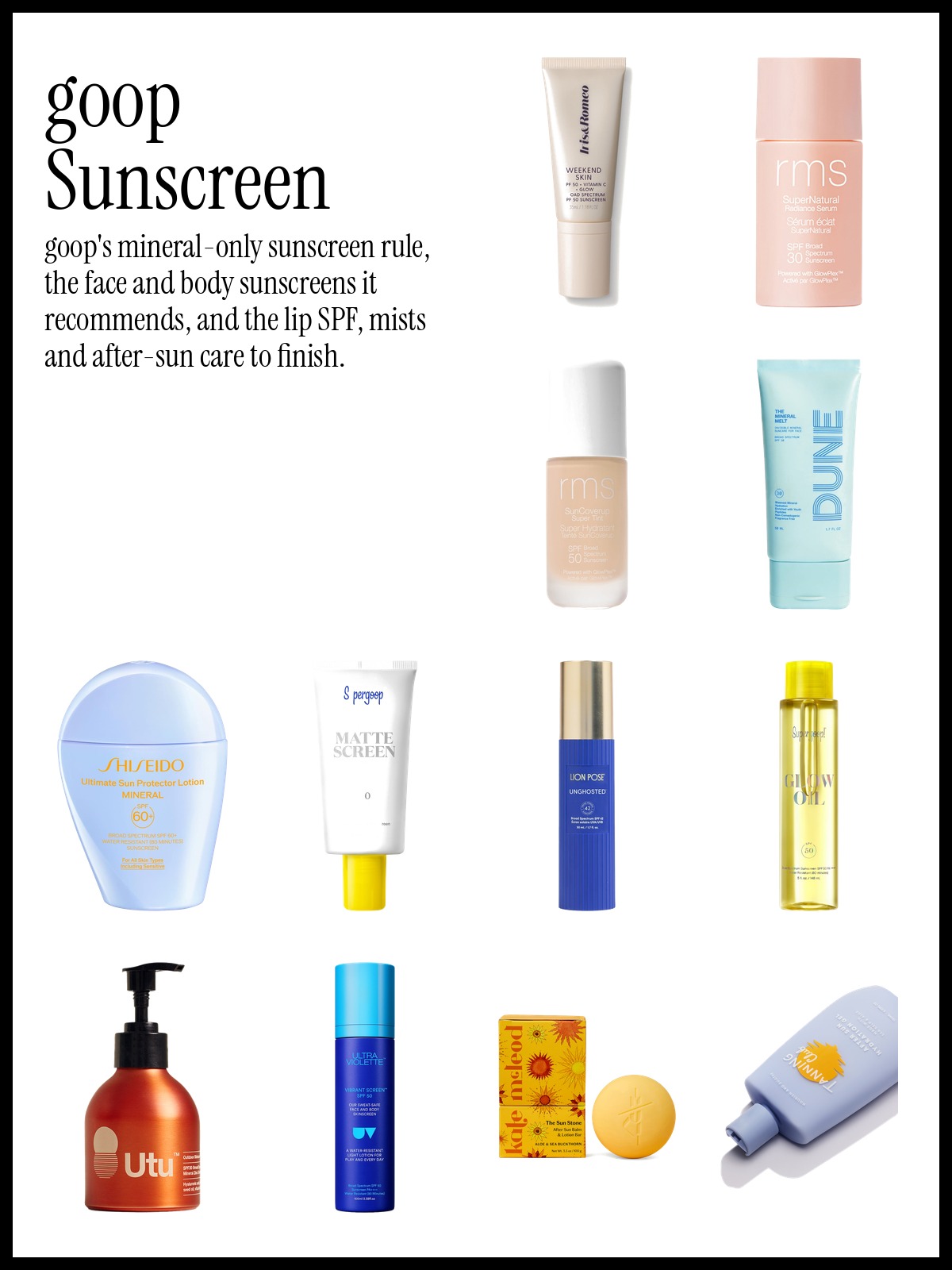 Collage of iris&romeo Weekend Skin SPF 50, Shiseido Ultimate Sun Protector Lotion Mineral SPF 60+ and Supergoop Glow Oil SPF 50