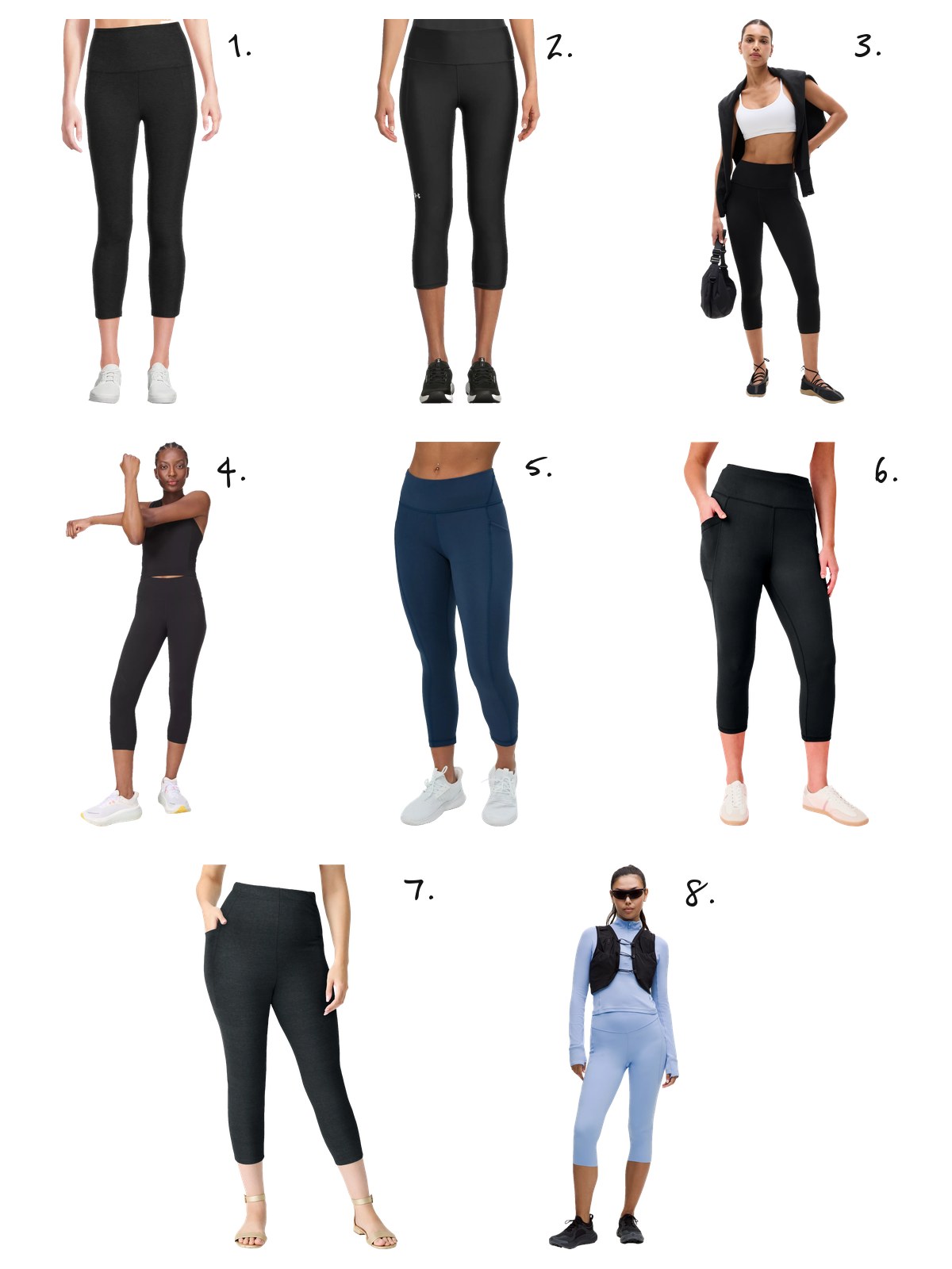 Numbered collage of eight capri leggings with pockets: Beyond Yoga, Under Armour, Athleta, Sweaty Betty, BloqUV, Roaman's and lululemon.