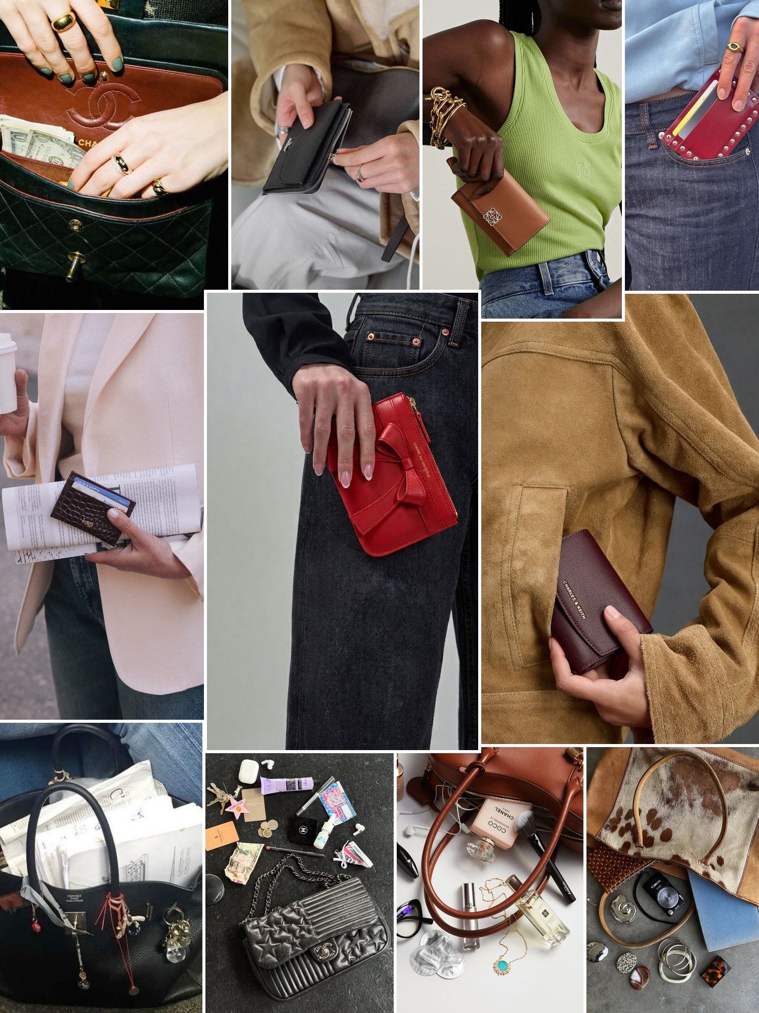 Collage of wallets peeking out of handbags