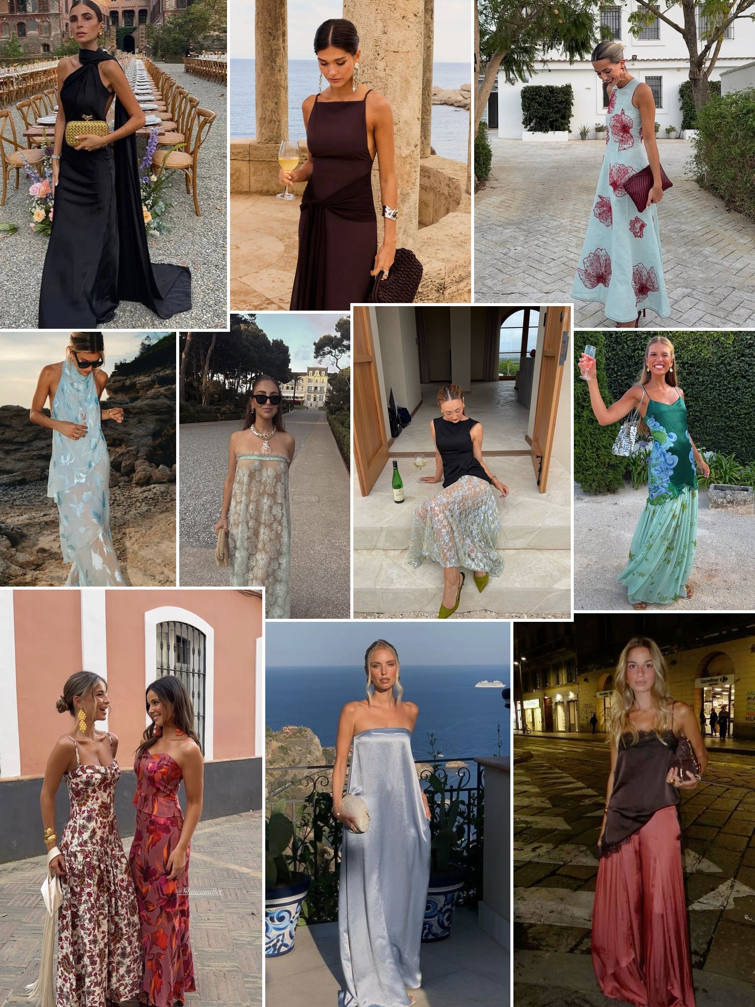 Collage of elegant Italian wedding guest outfits with shawls and printed maxi dresses