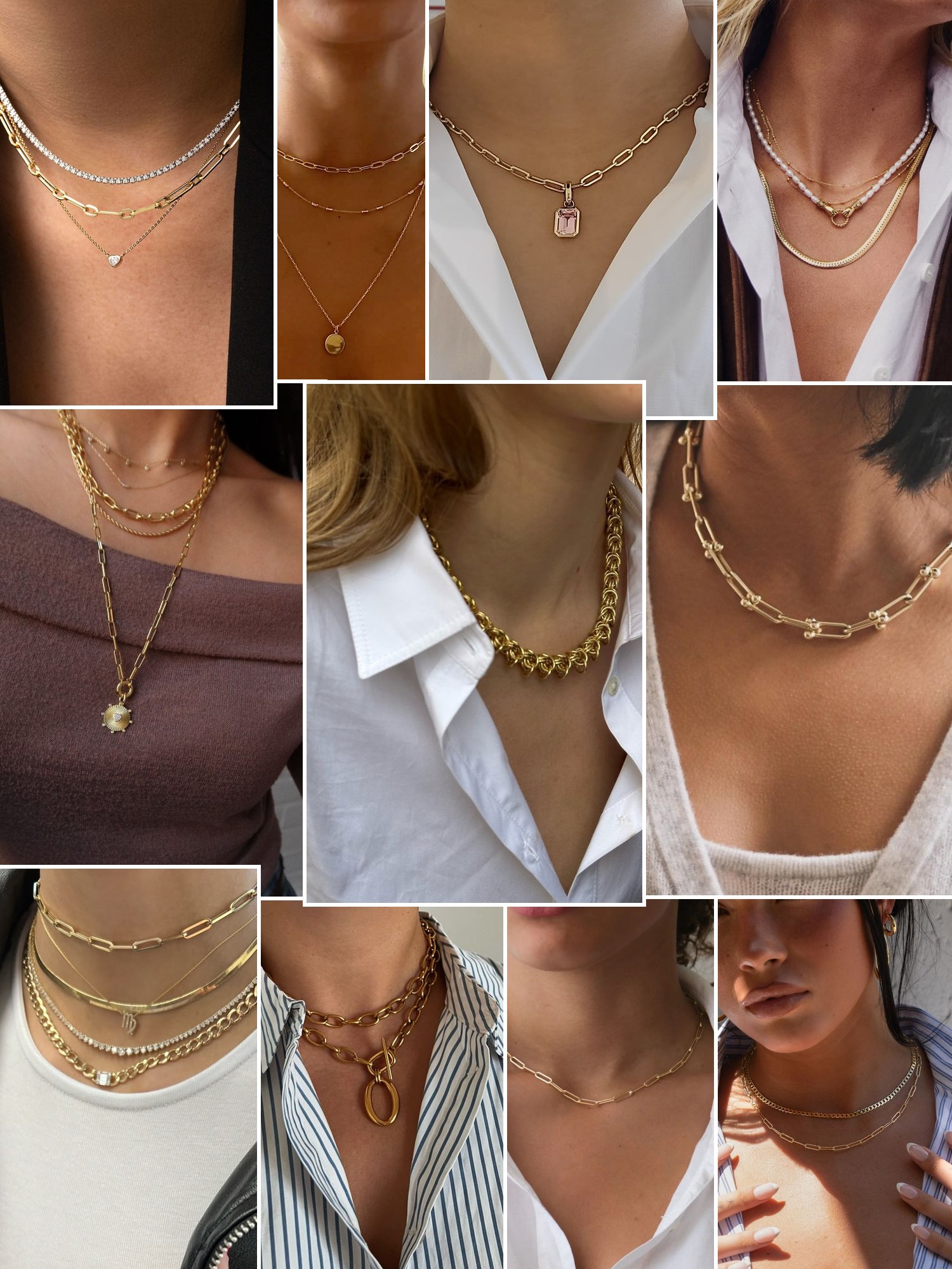 Collage of everyday outfits built around Paperclip necklace