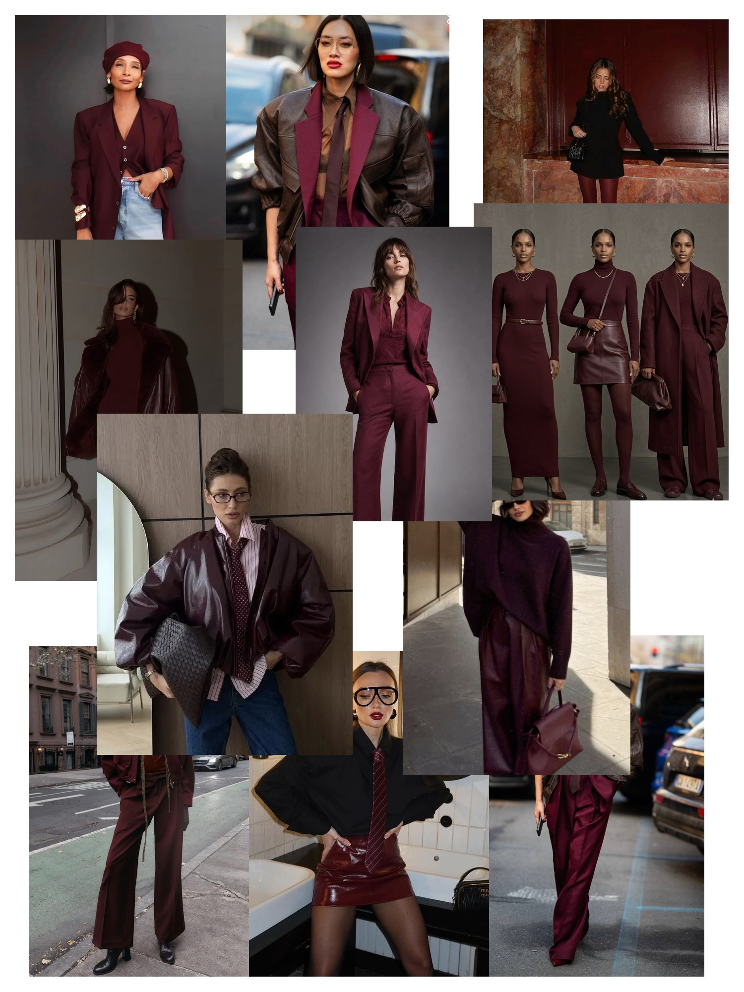 Collage of eleven street-style photos of women wearing burgundy and black outfits, scattered and overlapping on white