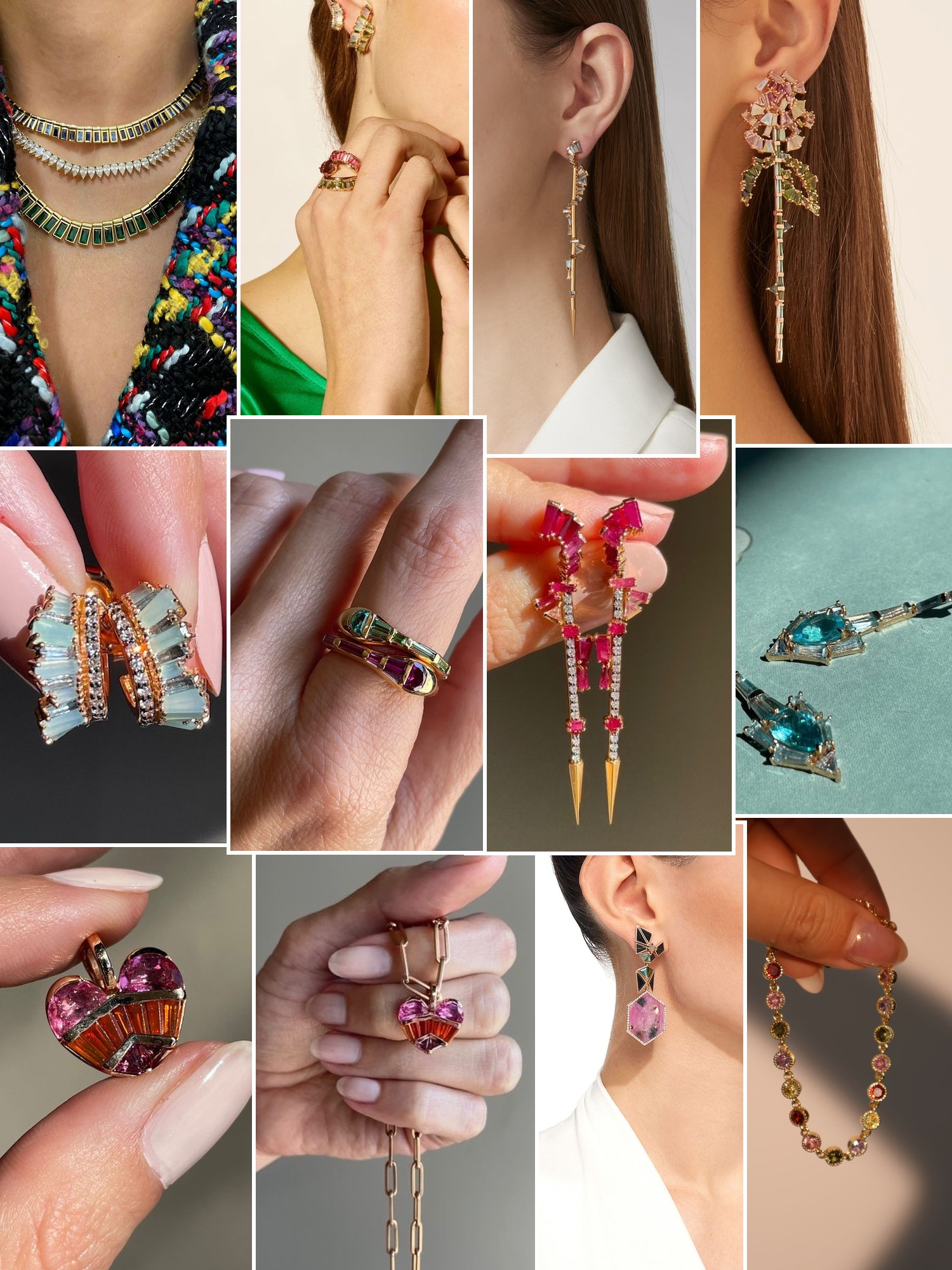 Collage of rings, earrings and layered necklaces worn up close, in the spirit of Nak Armstrong