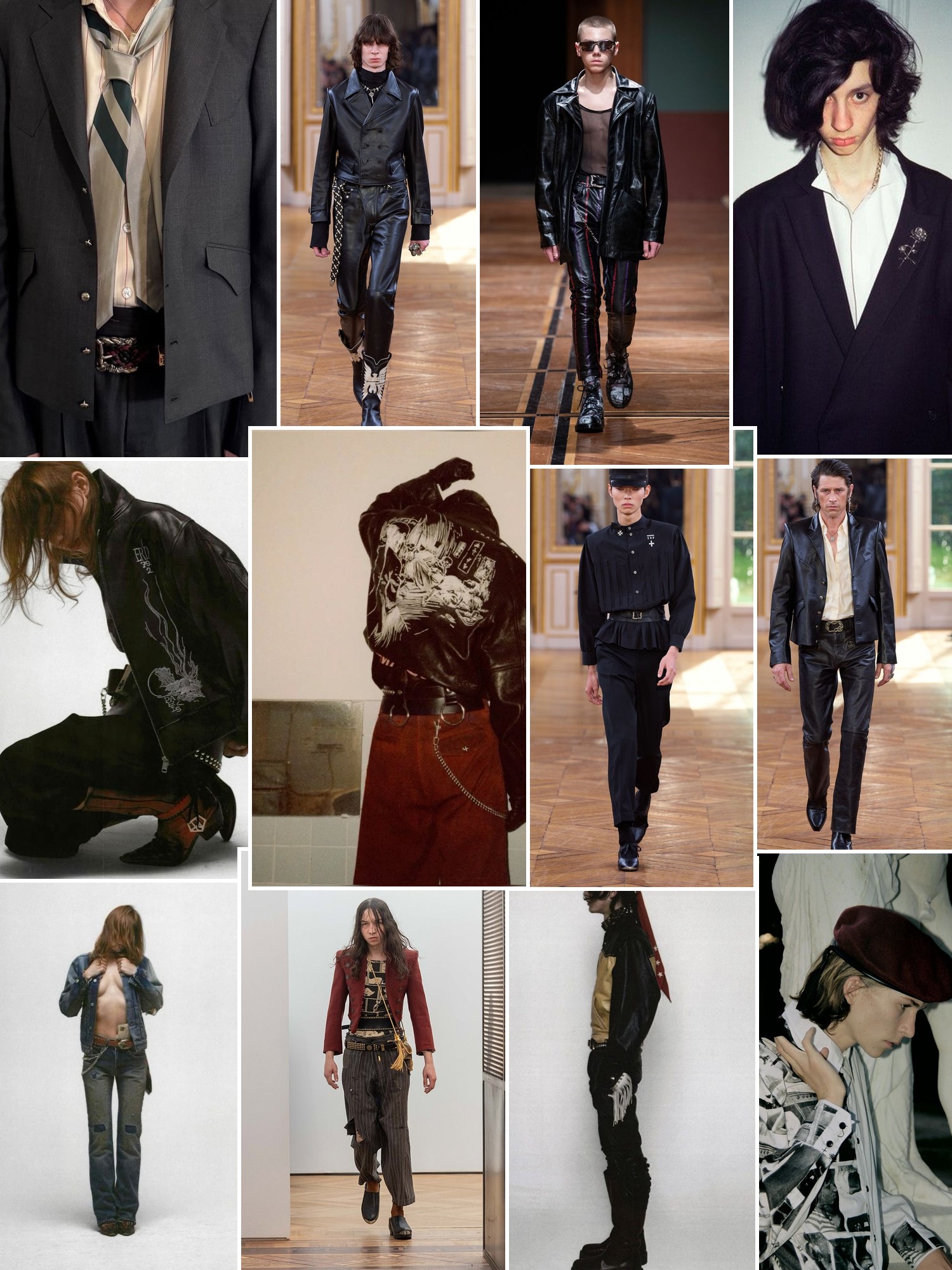 Collage of dark menswear, distressed leather, oversized prints and dramatic runway styling.