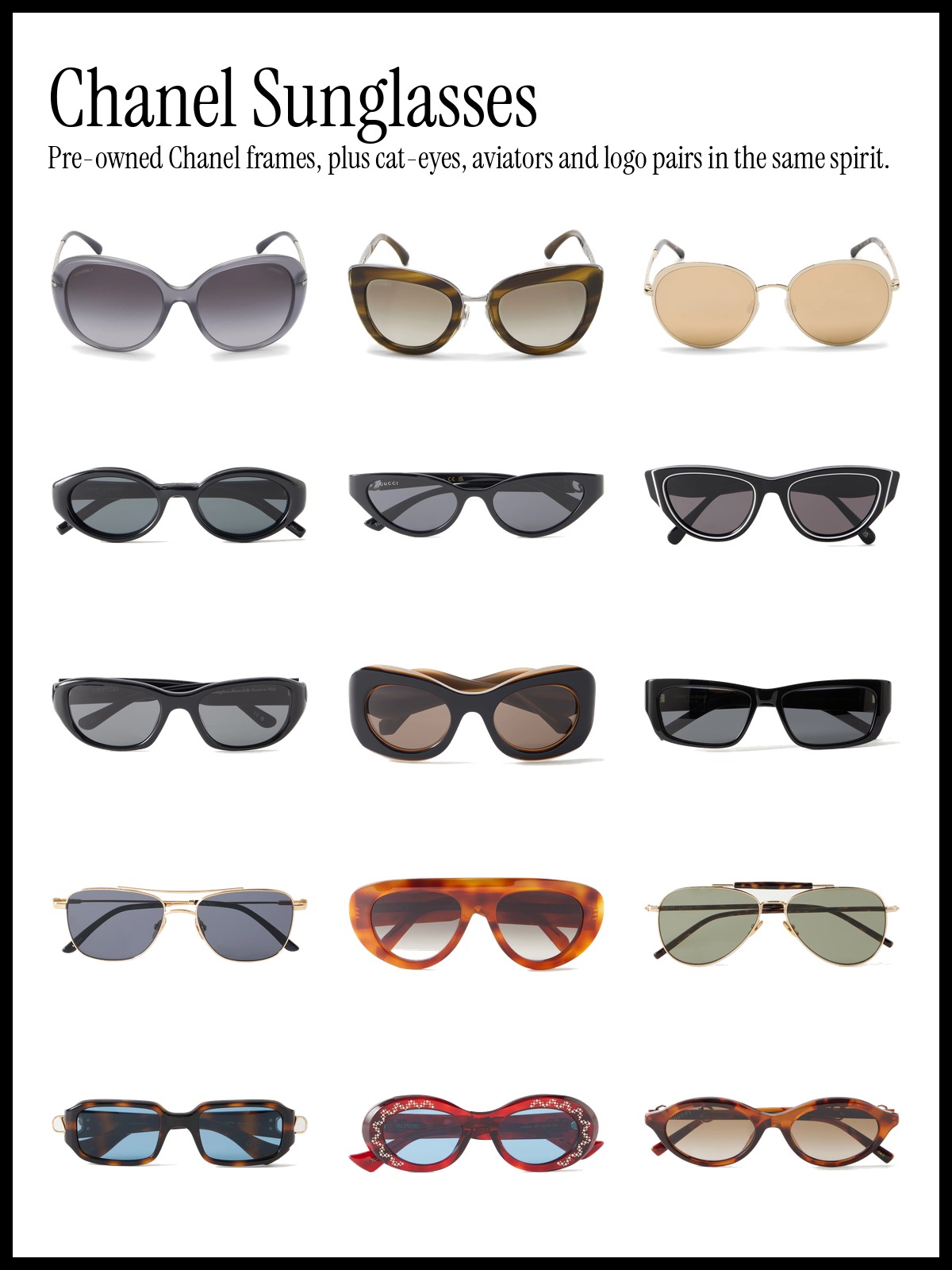 Collage of sunglasses including pre-owned Chanel frames, black cat-eye and square designer frames, gold aviators and bow detail sunglasses