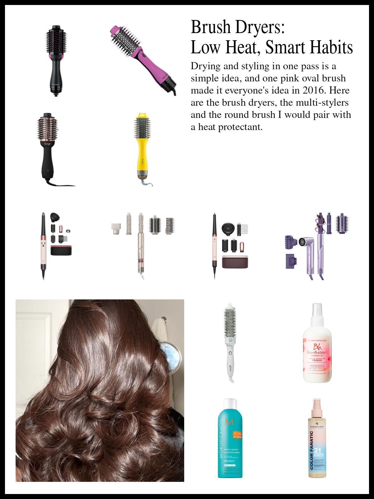 Collage of oval brush dryers, multi-stylers, a thermal round brush and heat protectant bottles, and a mood photo of long glossy brunette waves seen from behind.