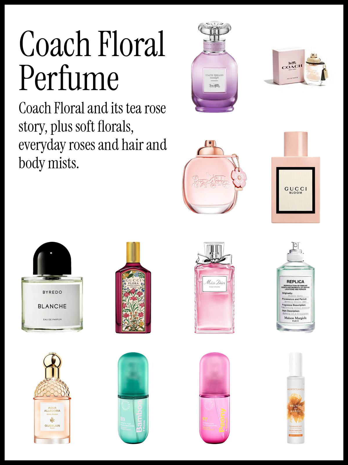 Collage of Coach Floral, Coach Dreams Moonlight, Gucci Bloom, Byredo Blanche, Miss Dior Rose N'Roses and Sephora Collection floral mist bottles