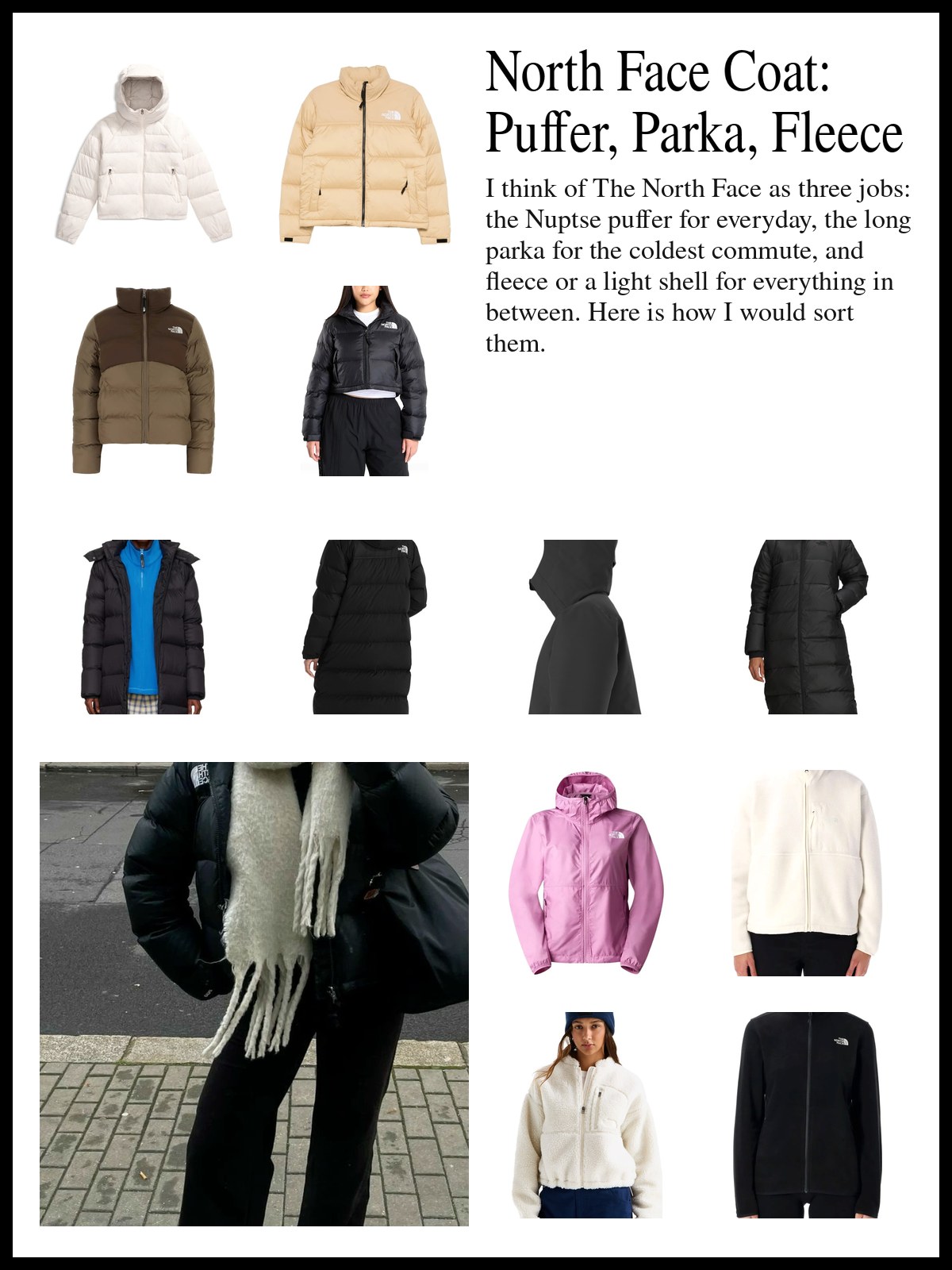 Collage of Nuptse puffer jackets, long hooded parkas, and fleece, rain and windbreaker shells from The North Face, and a mood photo of a black puffer jacket worn with a chunky cream scarf and black trousers.