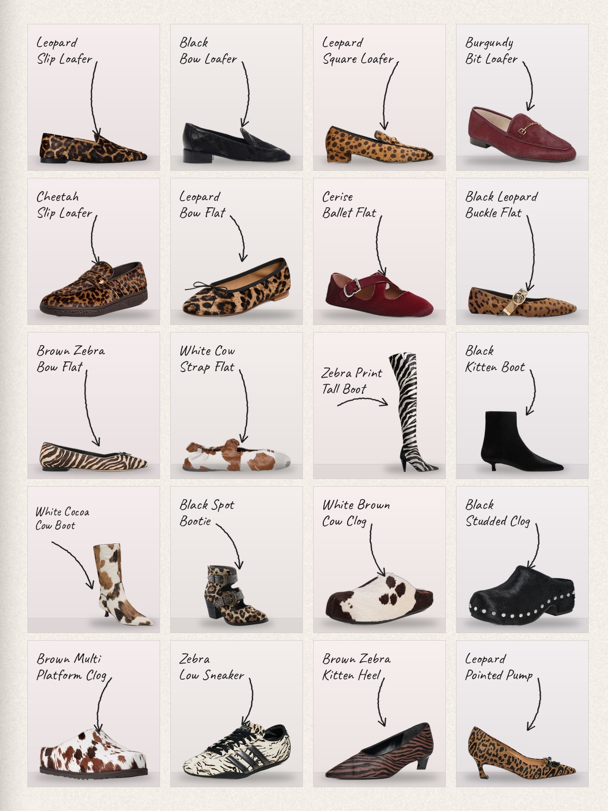 Collage: twenty pony hair shoes products with handwritten labels