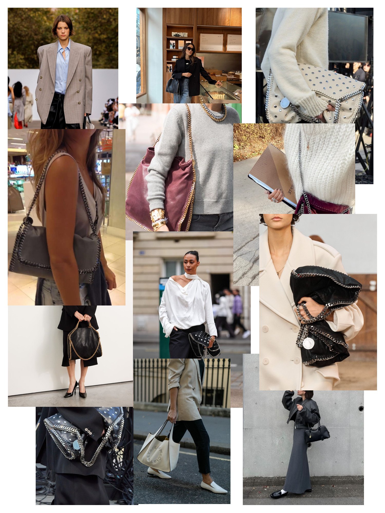 Street-style collage of 12 outfit photos featuring stella mccartney bag, scattered and overlapping