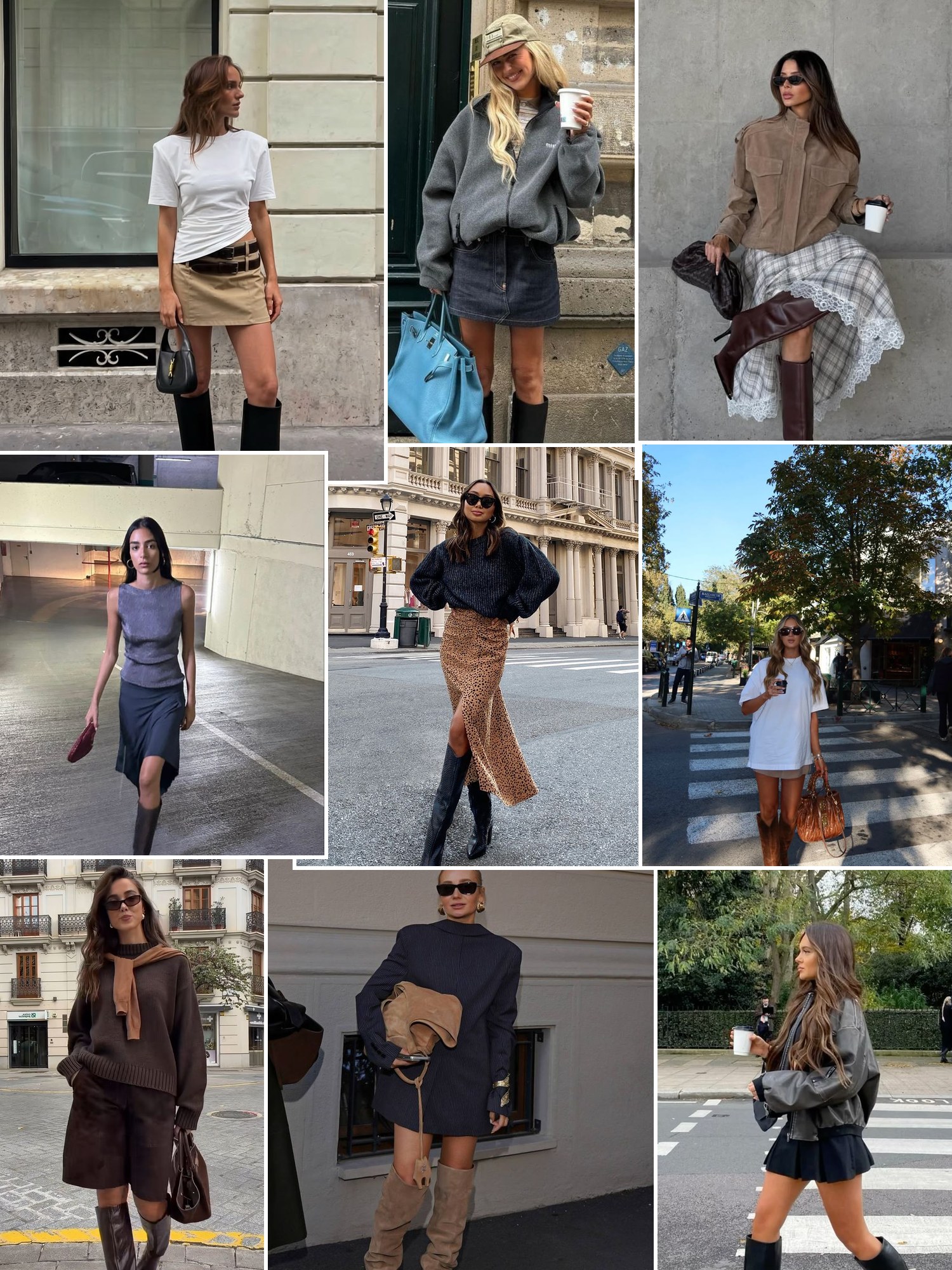 Collage of fall outfits with suede and leather knee high boots