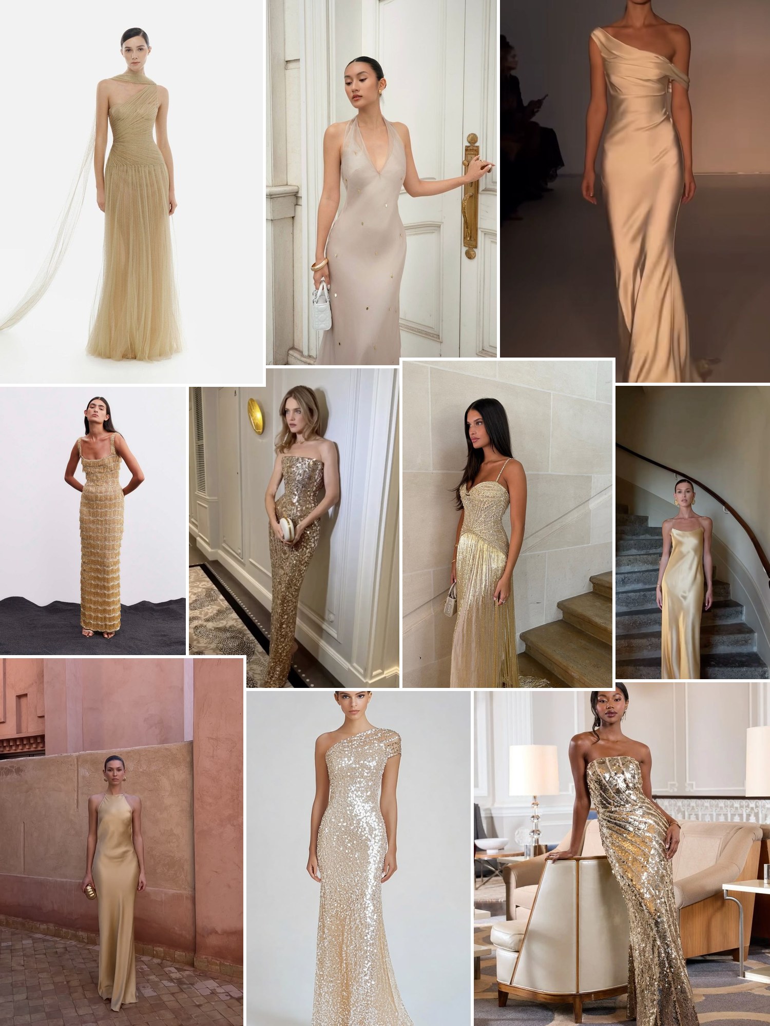 Street style collage of women wearing champagne formal dresses