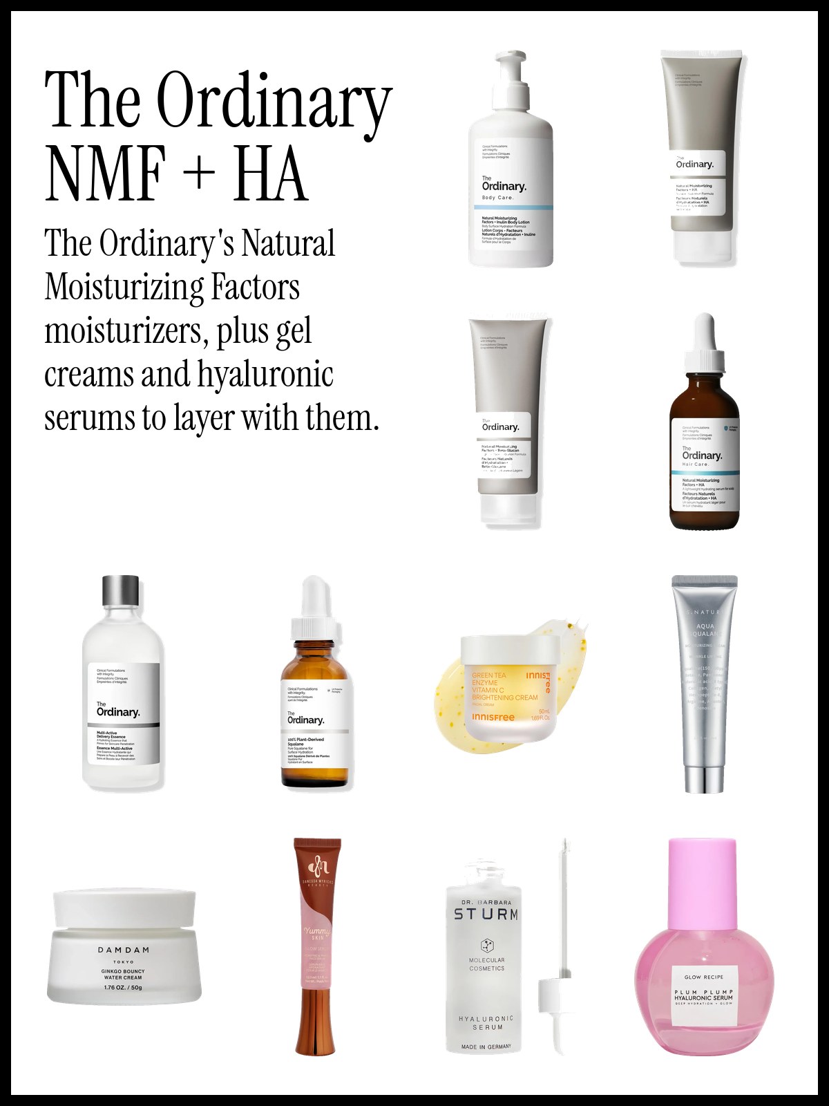Collage of The Ordinary Natural Moisturizing Factors moisturizers and body lotion, Multi-Active Delivery Essence, Glow Recipe Plum Plump, Dr. Barbara Sturm Hyaluronic Serum and DAMDAM Water Cream.