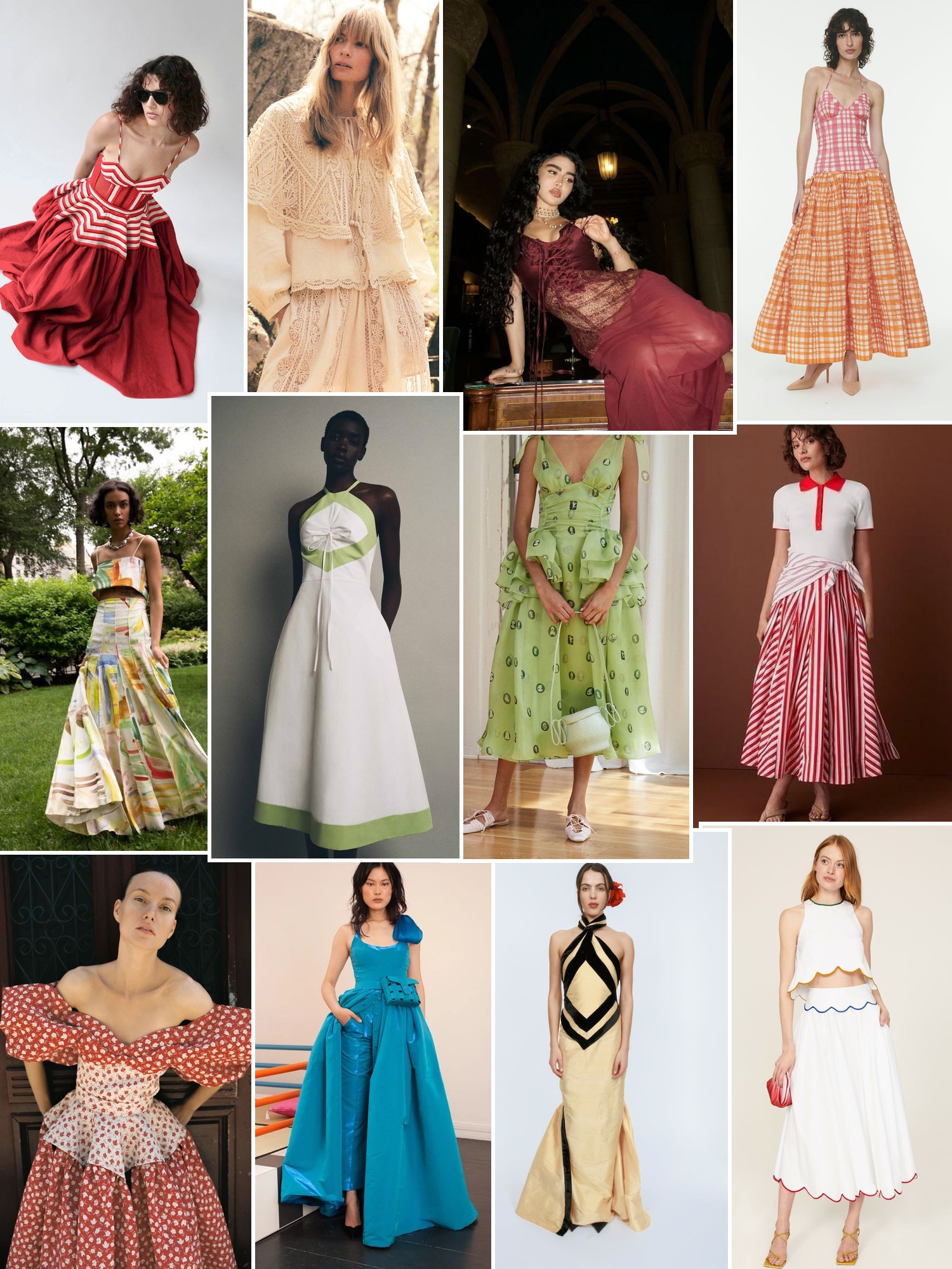 Collage of runway looks, campaign shots and street style outfits that capture the Rosie Assoulin mood