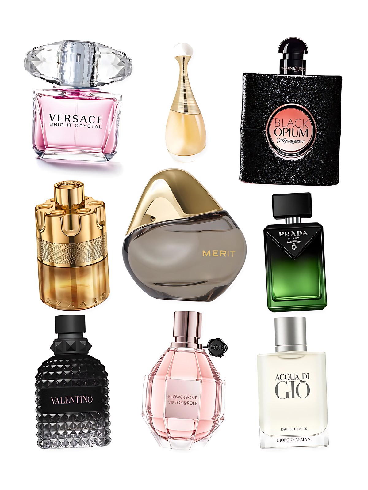 Collage on a white background showing Valentino Uomo Born in Roma Eau de Toilette with Violet, Yves Saint Laurent Black Opium Eau de Parfum with Coffee & White Flowers, Azzaro Forever Wanted Elixir, Versace Bright Crystal Eau de Toilette, Dior J'adore Eau de Parfum, Merit Retrospect™ L’Extrait de Parfum, Armani Beauty Acqua di Giò Eau de Toilette with Calabrian Bergamot & Cedarwood, Viktor&Rolf Flowerbomb Eau de Parfum with Vanilla & Jasmine and Prada Paradigme Le Parfum with Amber & Vanilla.