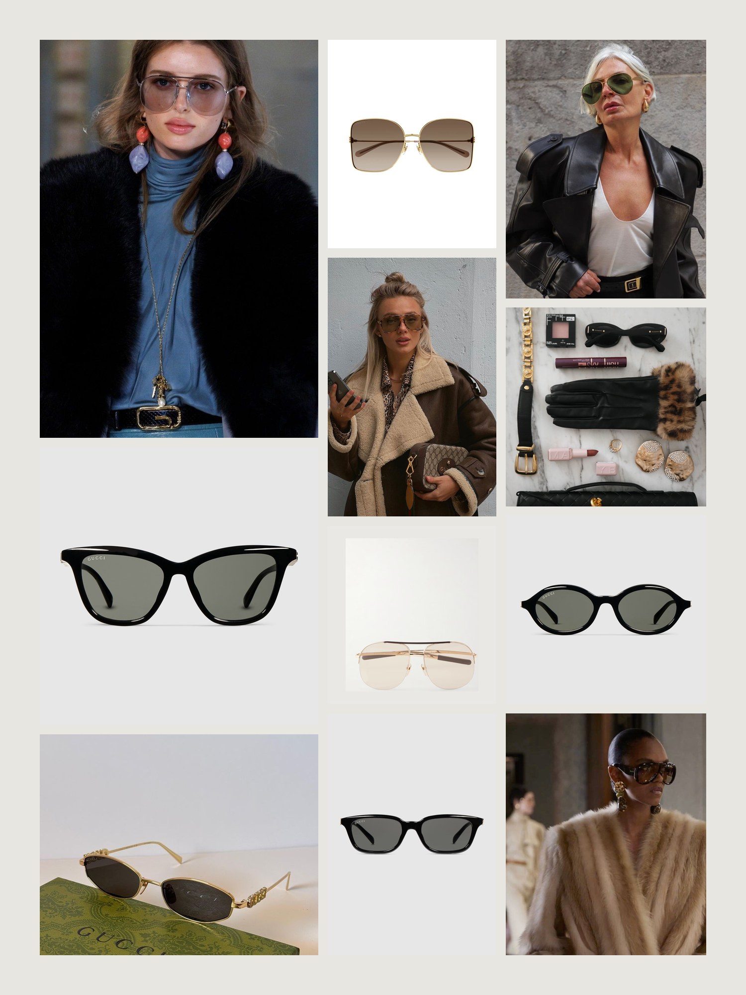 Mood board for Gucci Sunglasses: street-style photos, close-up details and product shots from this edit