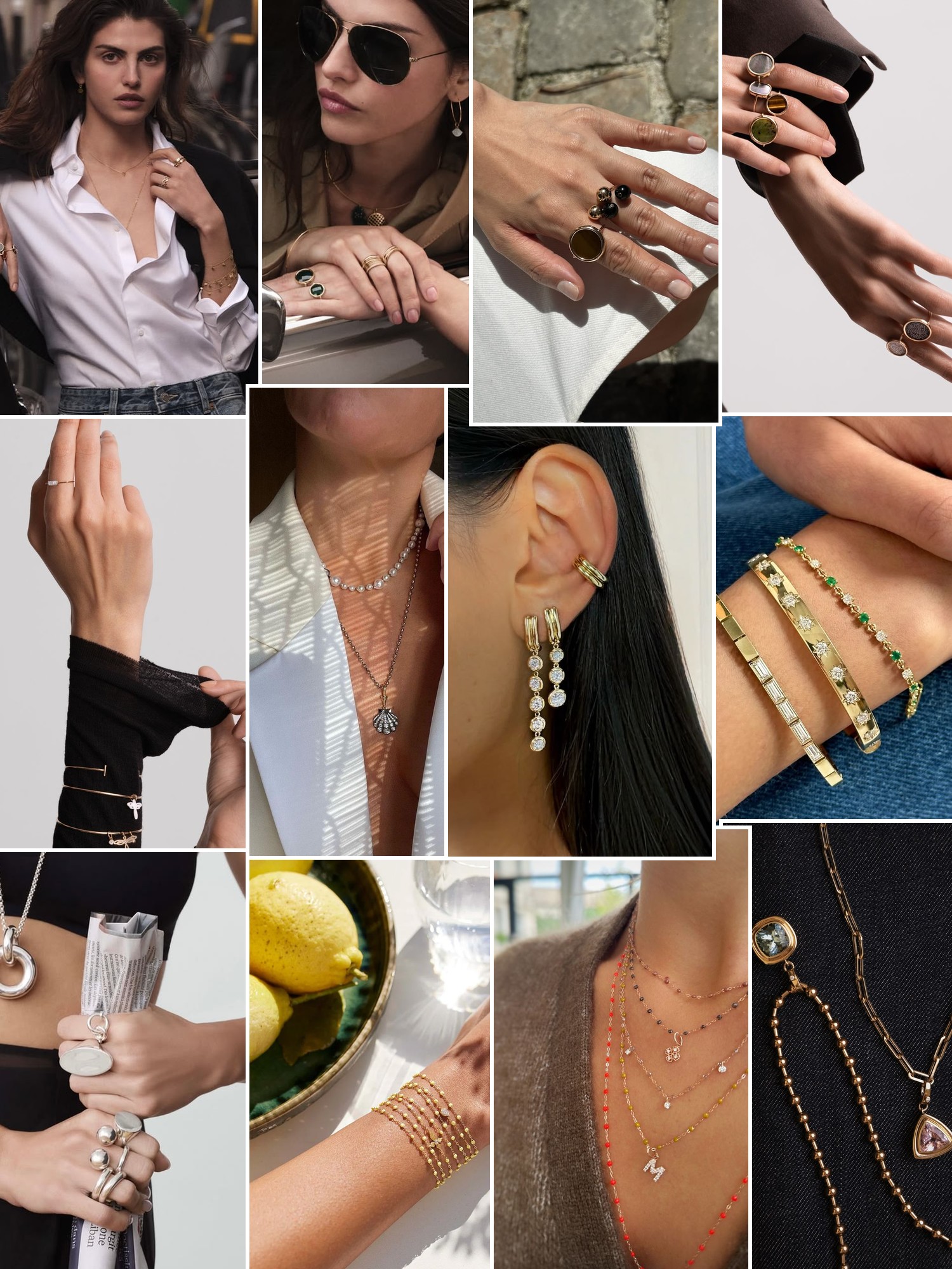 Collage of rings, earrings and layered necklaces worn up close, in the spirit of Ginette NY