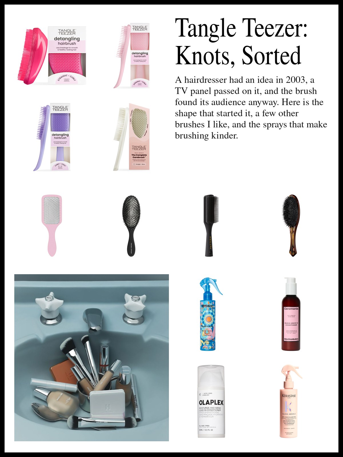 Collage of detangling brushes, paddle brushes and leave-in sprays beside a photo of makeup brushes, foundation bottles, a compact and lip products piled in a pale blue vintage sink with two white taps.