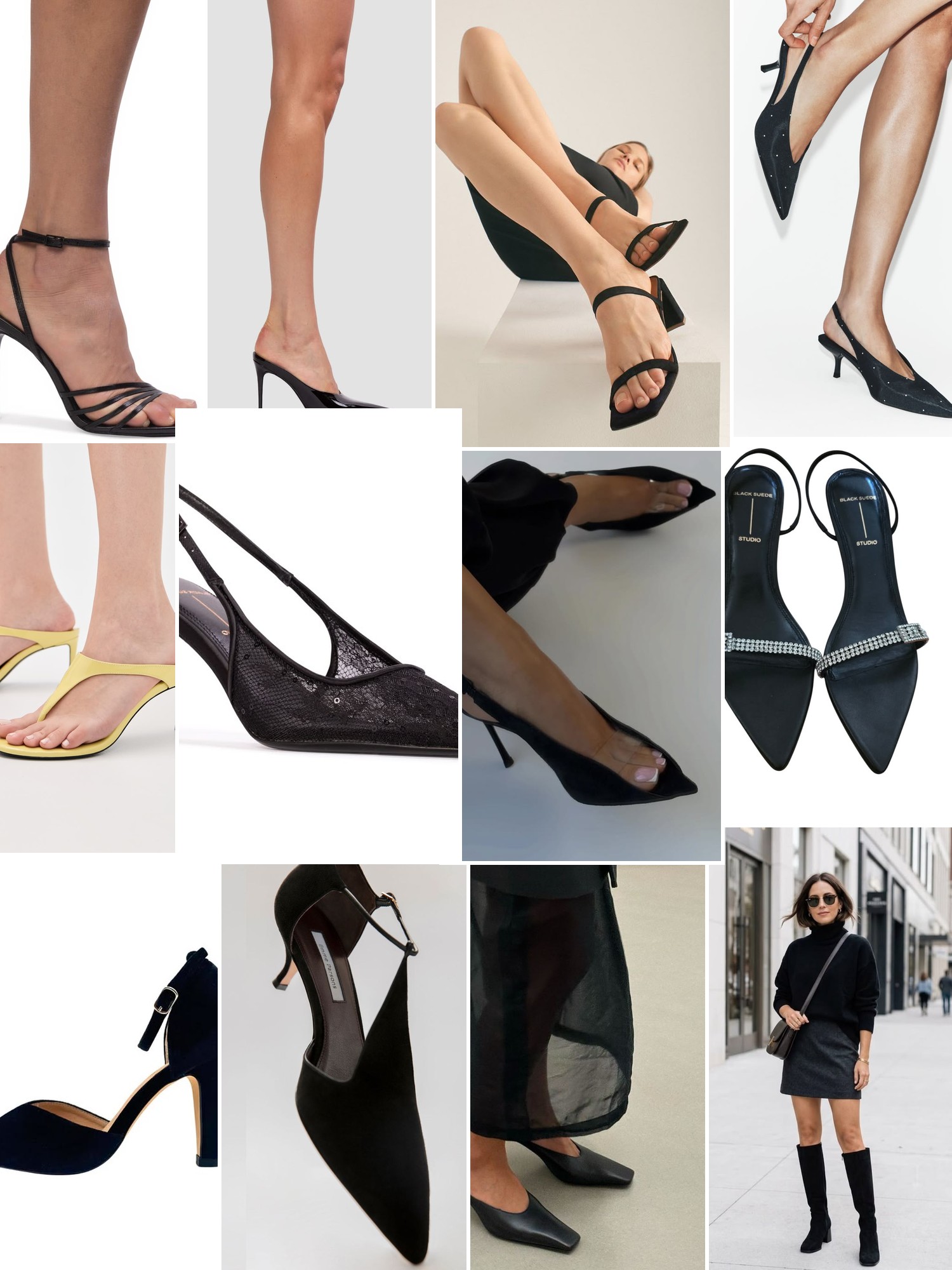 Collage of shoes styled with city, runway and evening outfits that capture the Black Suede Studio mood