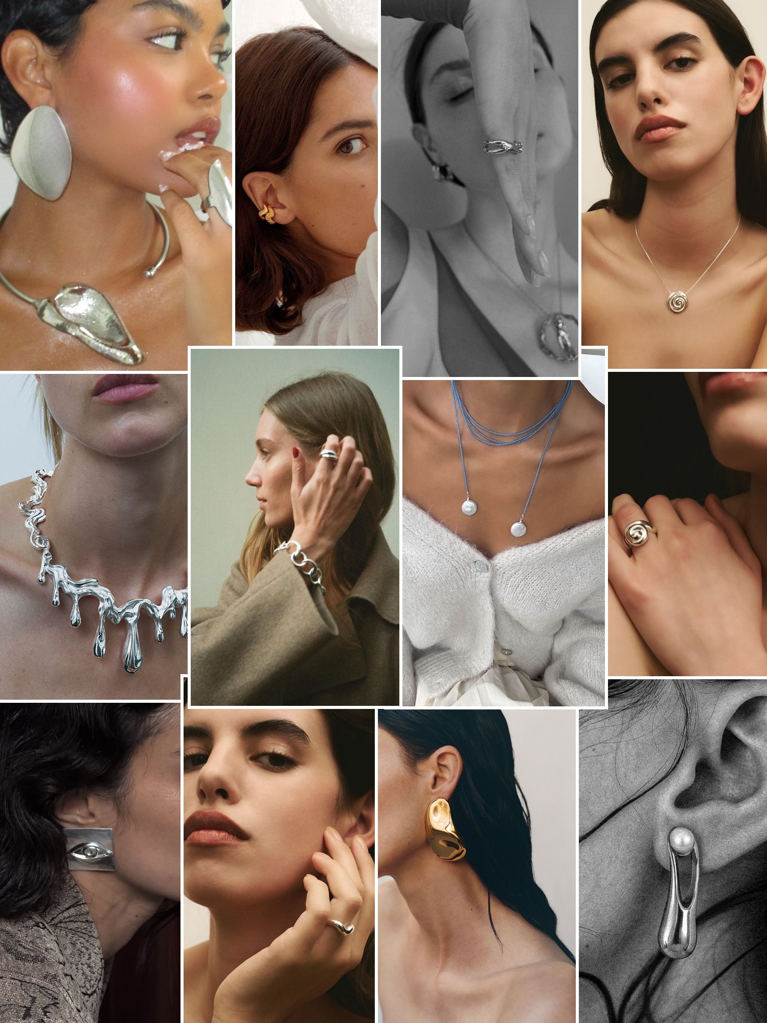 Collage of rings, earrings and layered necklaces worn up close, in the spirit of Louis Abel