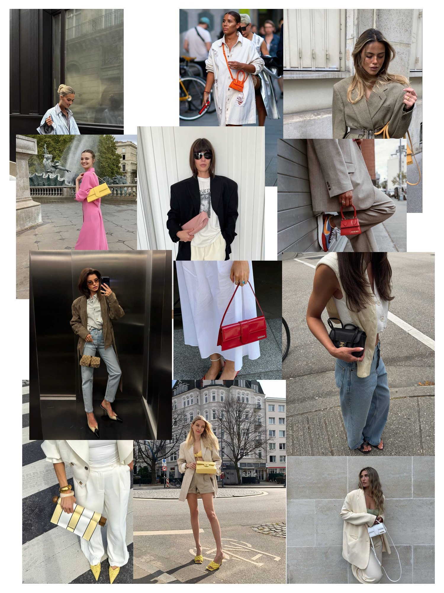 Street-style collage of 12 outfit photos featuring jacquemus bag, scattered and overlapping