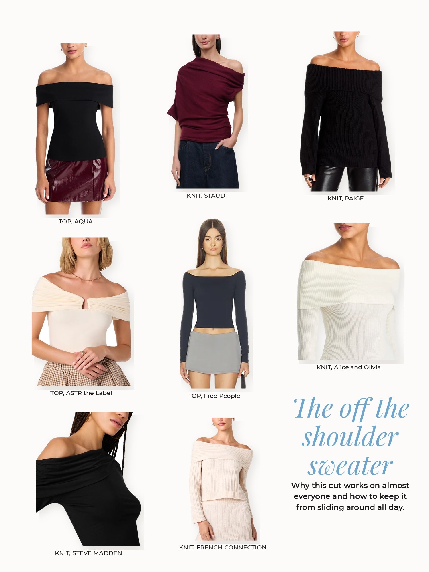 Off the shoulder sweater collage: AQUA, ASTR the Label, Alice and Olivia, FRENCH CONNECTION, Free People, PAIGE, STAUD, STEVE MADDEN