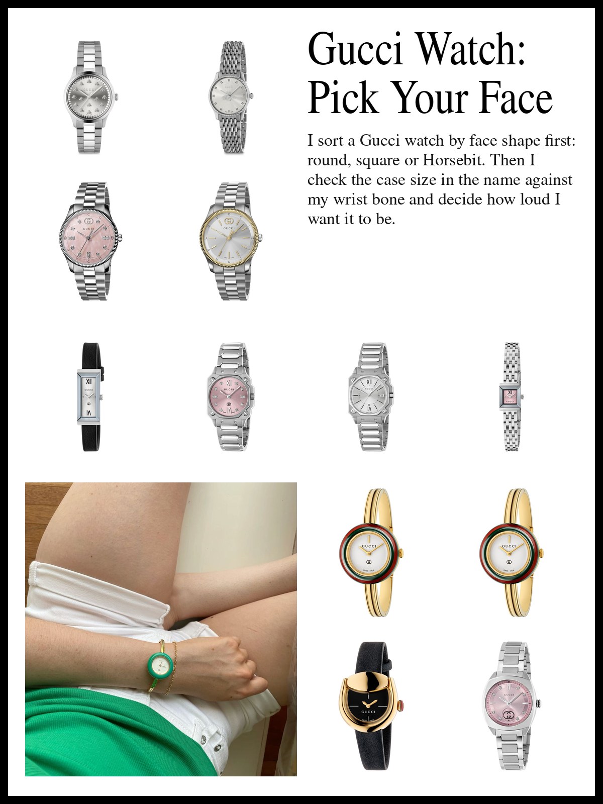Collage of round G-Timeless watches, square and rectangular G-Frame and G-Flat watches, and Horsebit, Interlocking G and Model 2000 watches, and a mood photo of a green bezel Gucci bangle watch on a wrist above a green skirt.