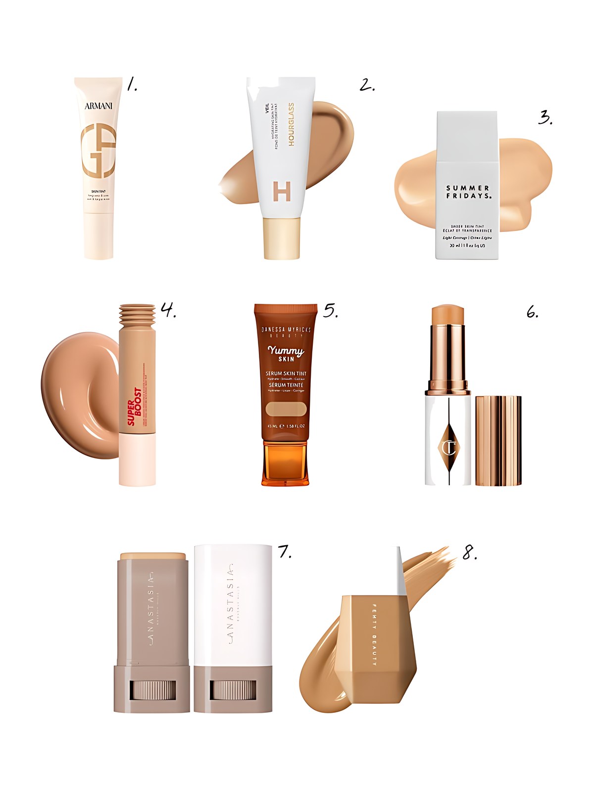 Numbered collage: 1. Armani Beauty Golden Hour 24HR Lightweight Skin Tint with Hyaluronic Acid in M3 - Medium; 2. Hourglass Veil Hydrating Skin Tint Foundation in 7; 3. Summer Fridays Sheer Skin Tint with Hyaluronic Acid + Squalane in Shade 1; 4. MAKE UP FOR EVER Super Boost Lightweight Moisturizing Skin Tint with Hyaluronic and Polyglutamic Acids in 05; 5. Danessa Myricks Beauty Yummy Skin Soothing Serum Skin Tint Foundation with Peptides + Ceramides in 6.5; 6. Charlotte Tilbury Unreal Skin Sheer Glow Tint Hydrating Foundation Stick in 8 Medium; 7. Anastasia Beverly Hills Beauty Balm Serum Boosted Skin Tint in 8; 8. Fenty Beauty by Rihanna Eaze Drop Blurring Skin Tint in 12