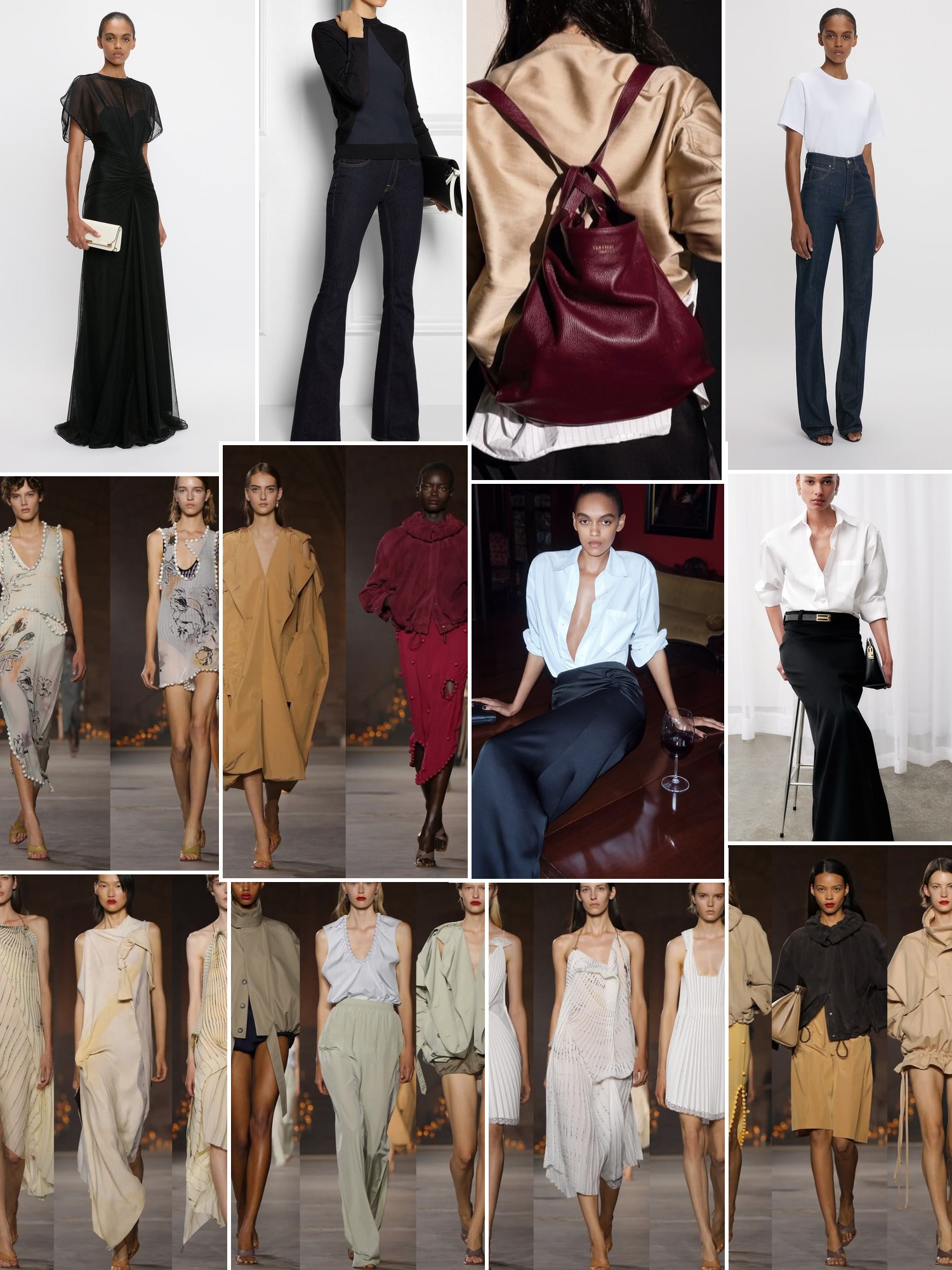 Collage of runway looks, campaign shots and street style outfits that capture the Victoria Beckham mood