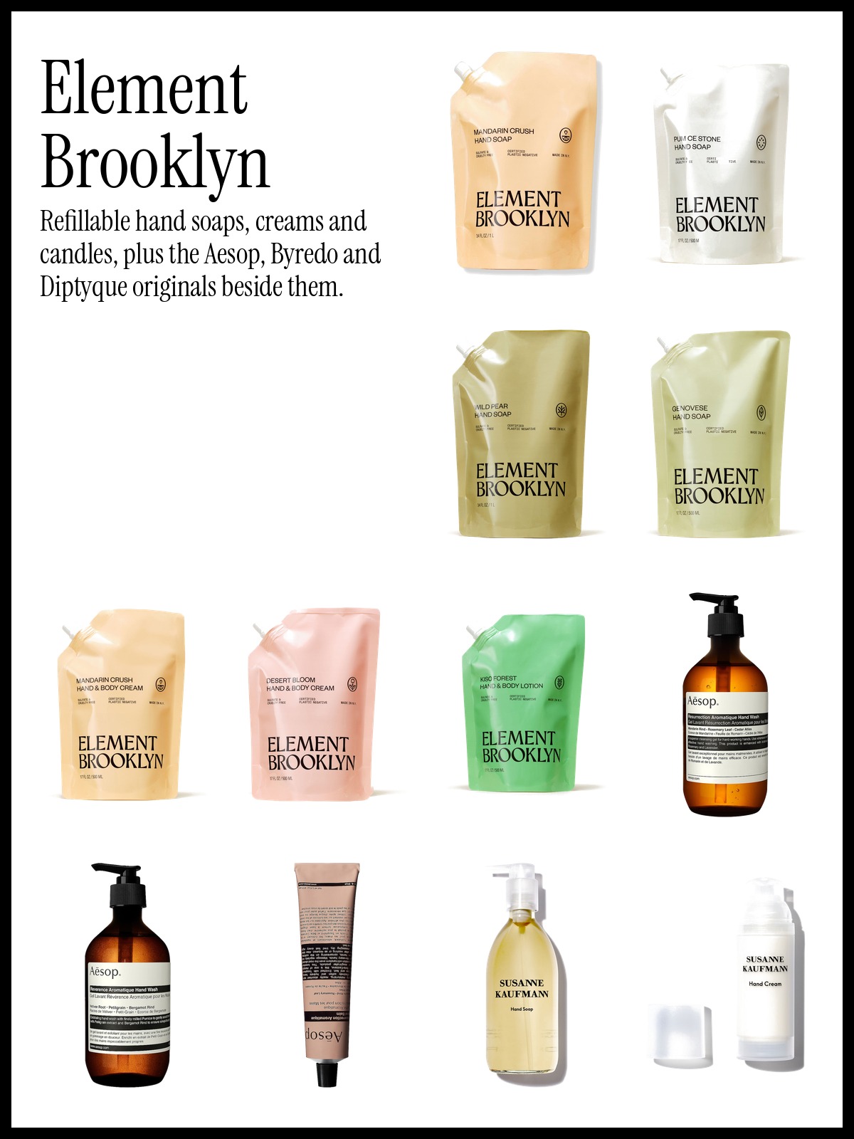 Collage of Element Brooklyn Mandarin Crush Hand Soap, Mandarin Crush Hand & Body Cream and Aesop Resurrection Aromatique Hand Wash