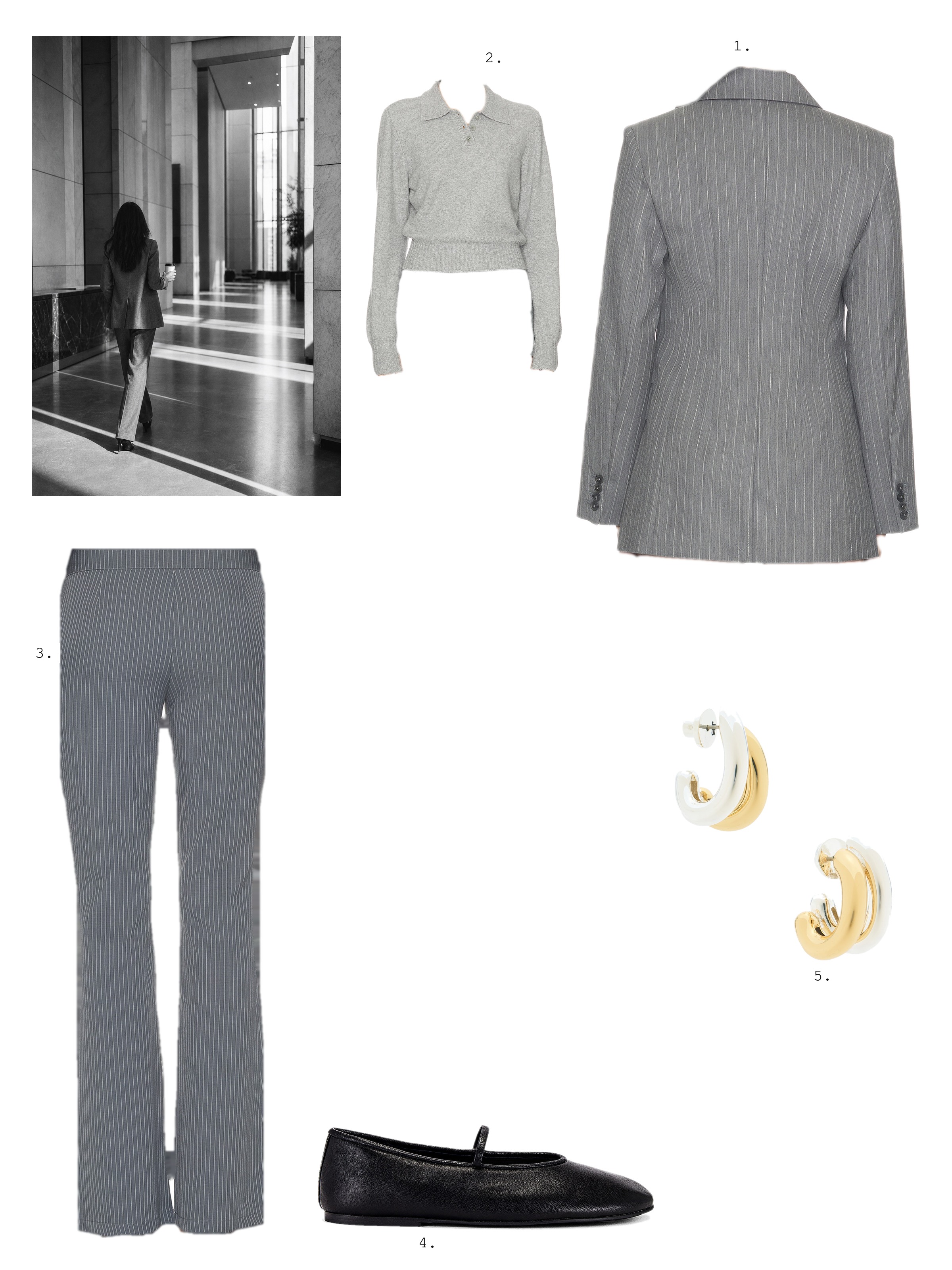Office moodboard collage: a black and white photo of a woman in a suit walking through a lobby beside a grey pinstripe blazer, a grey knit polo, grey pinstripe trousers, black Mary Jane flats and two-tone earrings.