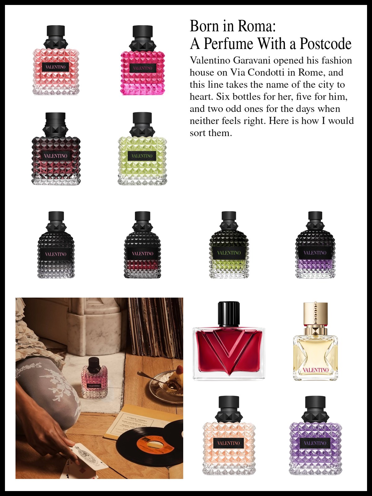 Collage of Valentino perfume bottles beside a photo of a dark-haired woman with red lips leaning out of a red car window, holding a small tube of lip balm in one hand, with a silver earring catching the light.
