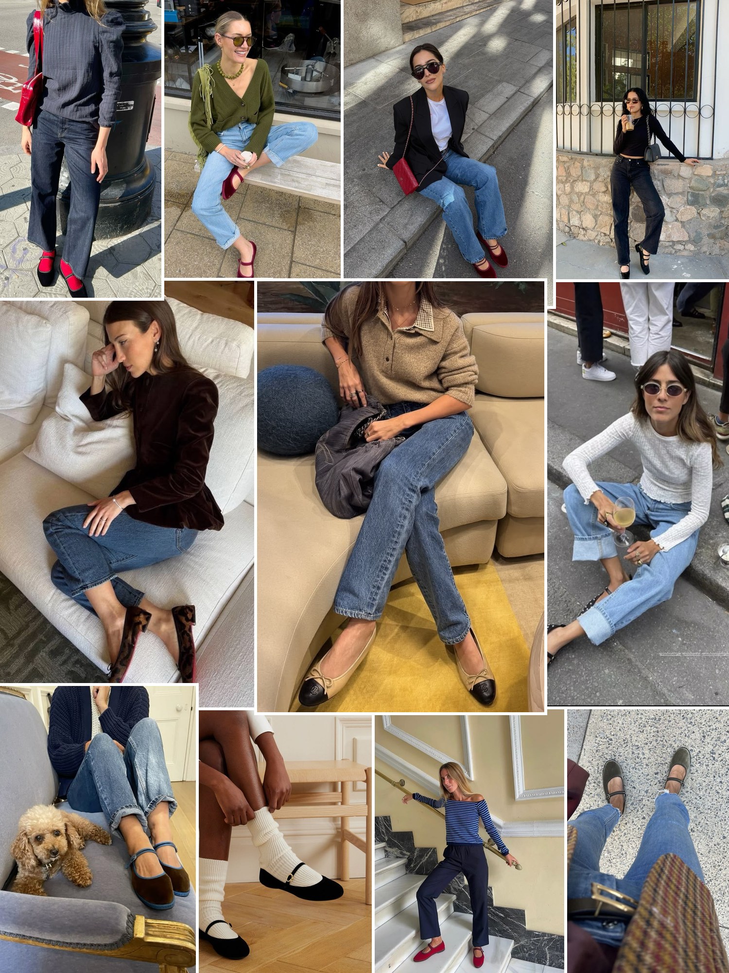 Collage of everyday outfits built around Velvet flats