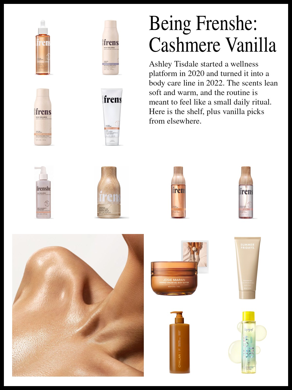 Collage of body wash, milky lotions, a body oil, scented mists and vanilla body butters beside a soft photo of a cream knit blanket over a bed, and a mood photo of a glowing bare shoulder and collarbone.