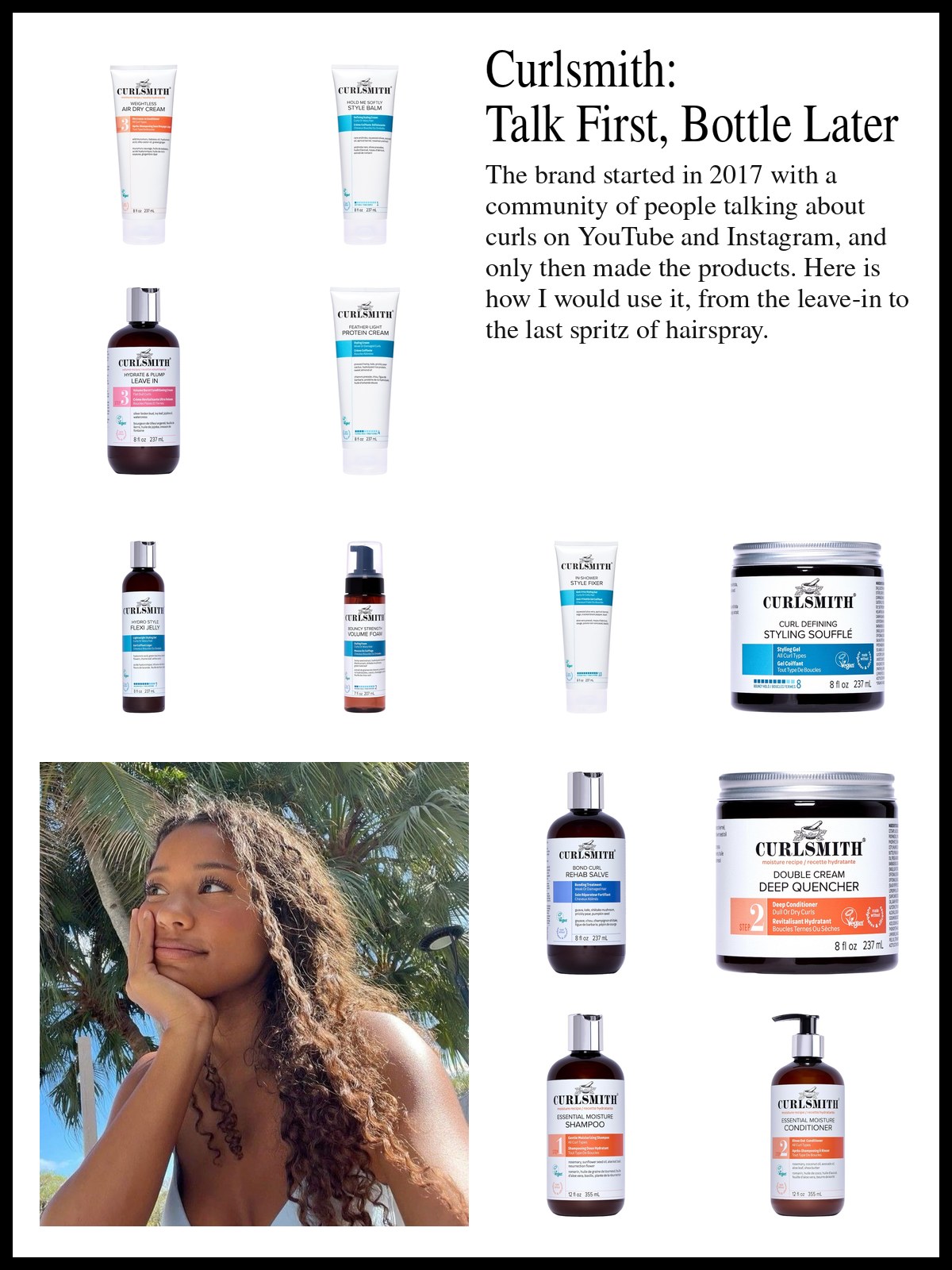 Collage of curl creams, gels, a volume foam, a hairspray, shampoo and conditioner and a mood photo of a woman with long curls under a palm tree.