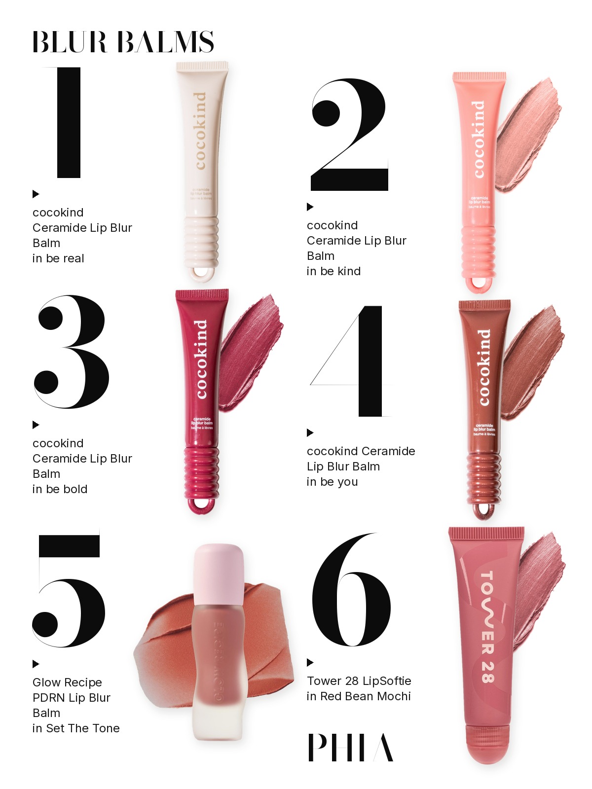 Big numbers collage titled BLUR BALMS, six products numbered one to six with each product set beside its number: cocokind, Glow Recipe and Tower 28