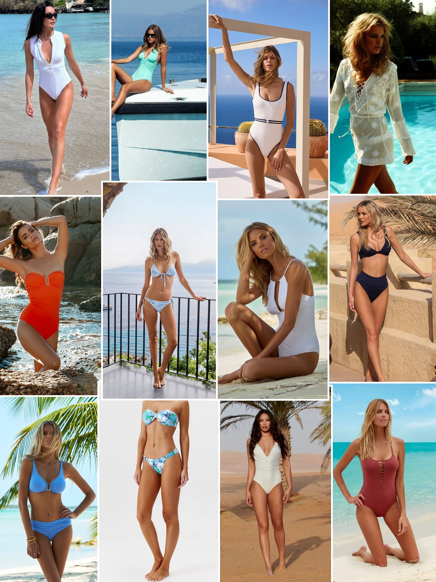 Swimwear and resort coverups by the sea, pool and sunlit terraces in varied colors.