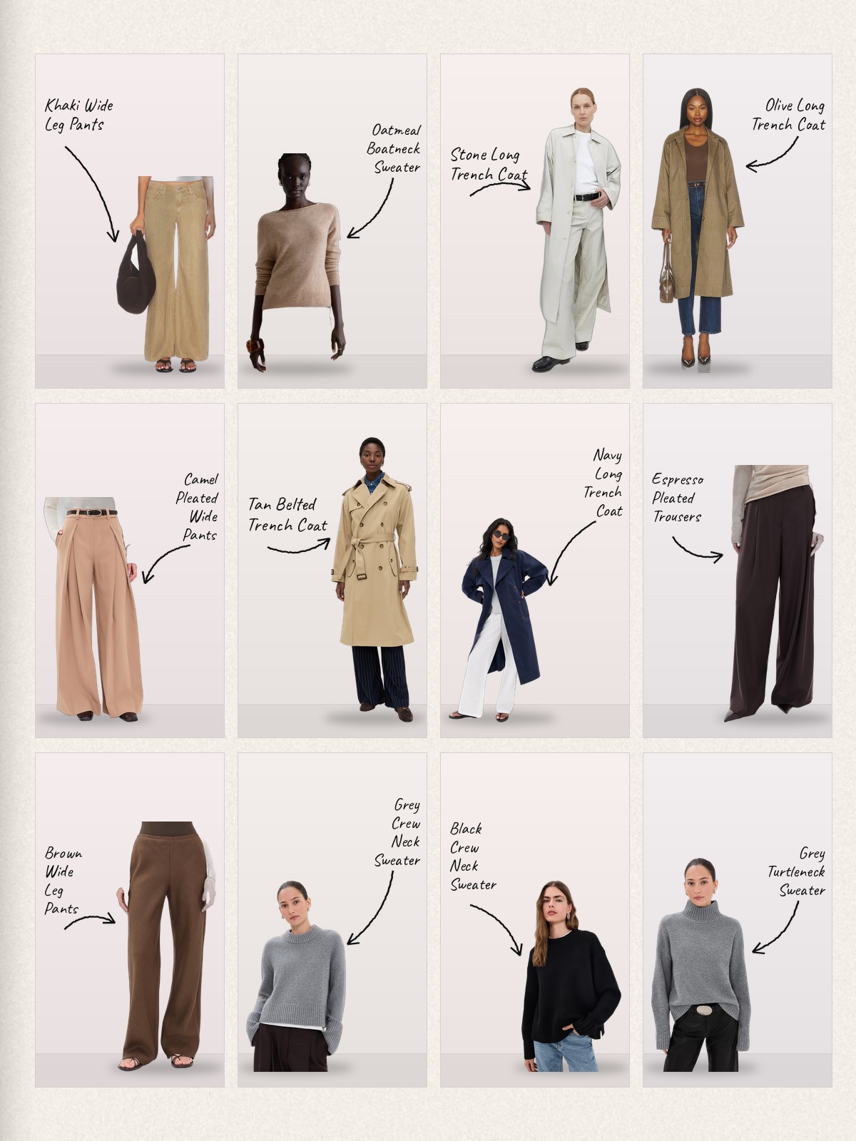 Trousers, Sweaters, and Trench Coats collage