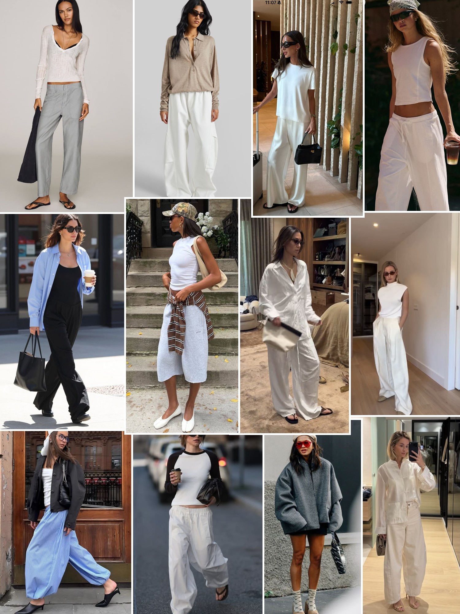 Collage of relaxed basics, soft neutral layers, easy trousers and casual street style.
