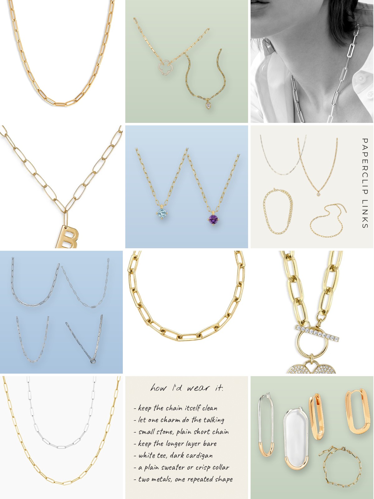 Collage: twenty gold and silver paperclip necklaces, bracelets and earrings with a how I would wear it note