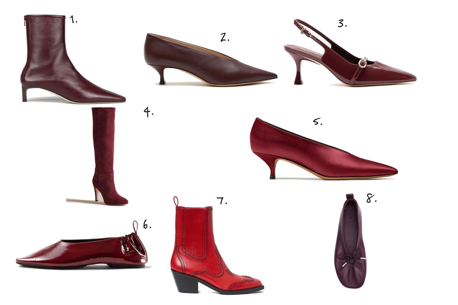 Numbered collage: 1. Dear Frances Topo Bootie in Bordeaux; 2. Le Monde Béryl Babouche Kitten Heel in Oxblood; 3. Larroudé Ines Pump in Burgundy; 4. Brother Vellies Palms Boot in Oxblood Suede; 5. Emme Parsons Veneto Pump in Burgundy Satin; 6. Souliers Martinez Mina Patent Ballerina in Burgundy; 7. Loeffler Randall Agnes Western Boot in Red; 8. Alohas Rosalind Ballet Flat in Burgundy
