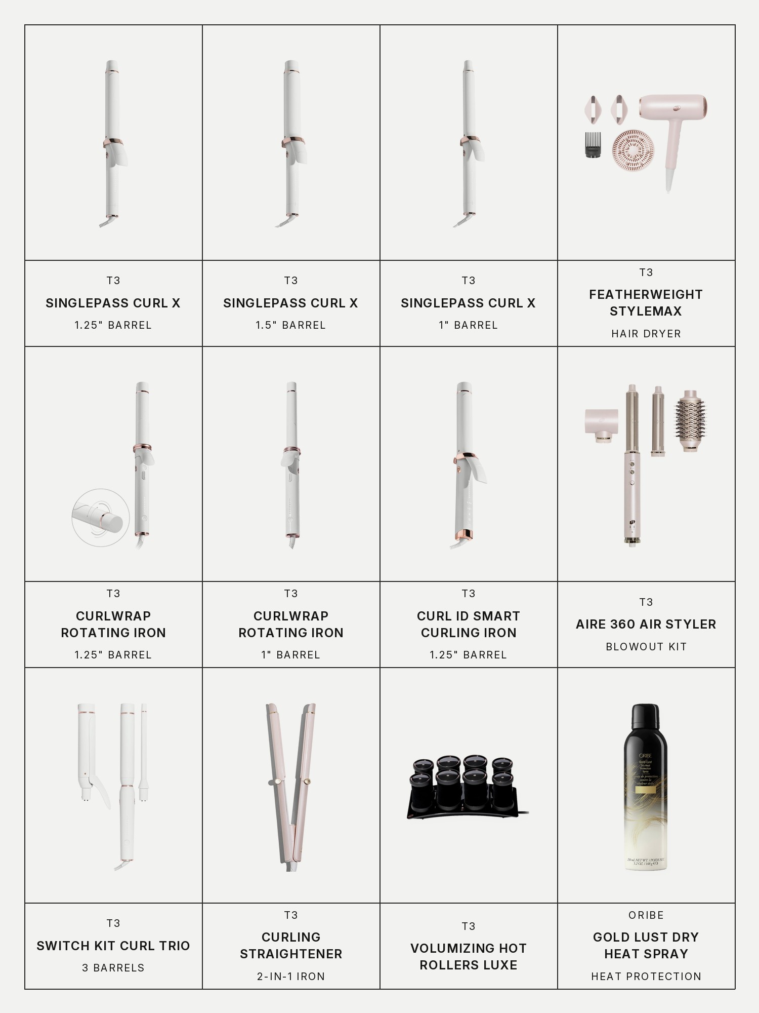 Twelve boxes on a pale grey page, one for each product in this edit, each with its brand and name printed below: T3 SinglePass Curl X 1.25" Ceramic Extra-Long Barrel Curling Iron, T3 SinglePass Curl X 1.5" Ceramic Extra-Long Barrel Curling Iron, T3 SinglePass Curl X 1" Ceramic Extra-Long Barrel Curling Iron, T3 Featherweight StyleMax Professional Hair Dryer with Automated Heat, T3 CurlWrap 1.25" Automatic Rotating Curling Iron With Long Barrel, T3 CurlWrap 1" Automatic Rotating Curling Iron with Longer Barrel, T3 Curl ID 1.25" Smart Curling Iron with Interactive Touch Interface, T3 Aire 360 Ceramic Air Styler Blowout Kit with Dual Voltage, T3 Switch Kit Curl Trio Interchangeable Curling Iron with 3 Barrels, T3 Curling Straightener 2-in-1 Styling Iron, T3 Volumizing Hot Rollers Luxe for Volume, Body, and Shine and Oribe Gold Lust Dry Heat Protection Spray.