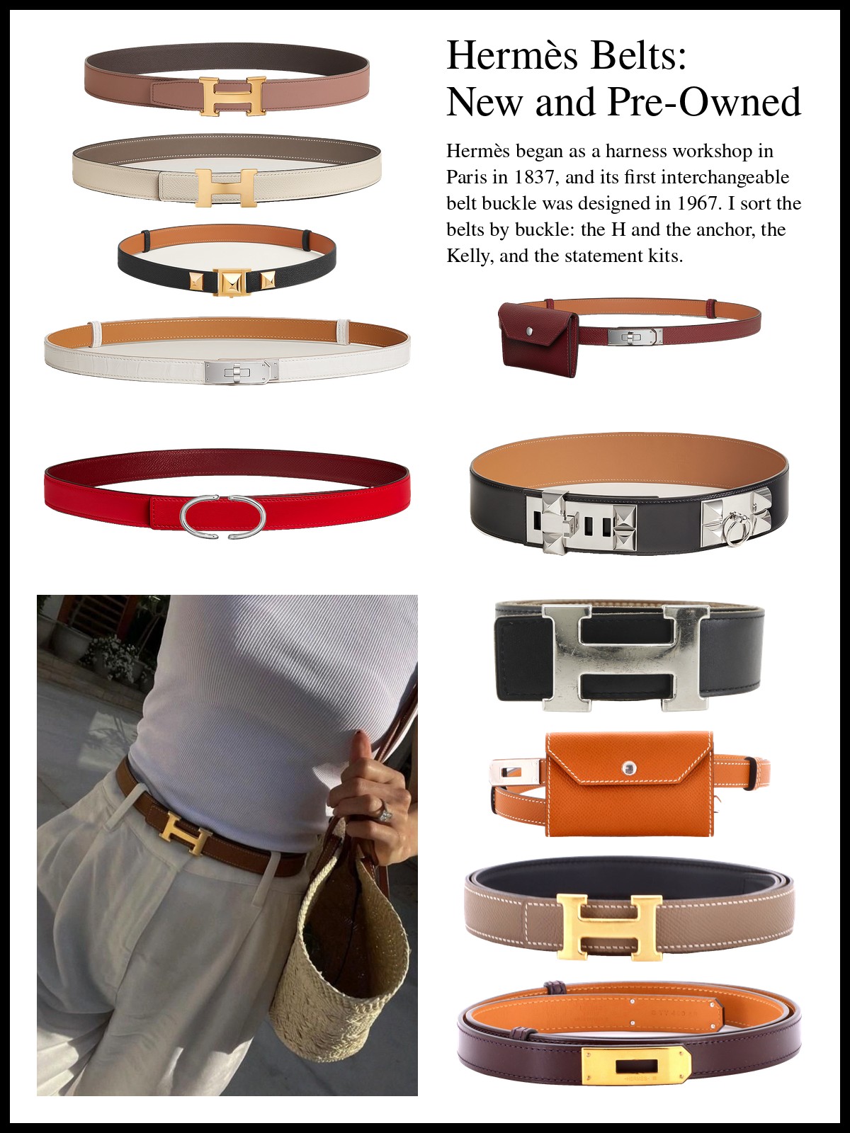 Collage of Hermès belts: H buckle and Mini Constance kits, a Medor belt, Kelly 18 and Kelly Pocket belts, a Cache-Cac'H kit and a Collier de Chien belt, pre-owned H, Constance, Kelly Pocket and Kelly 18 Duo belts, and a photo of a tan H belt worn with cream trousers, a white ribbed tank and a straw bag.